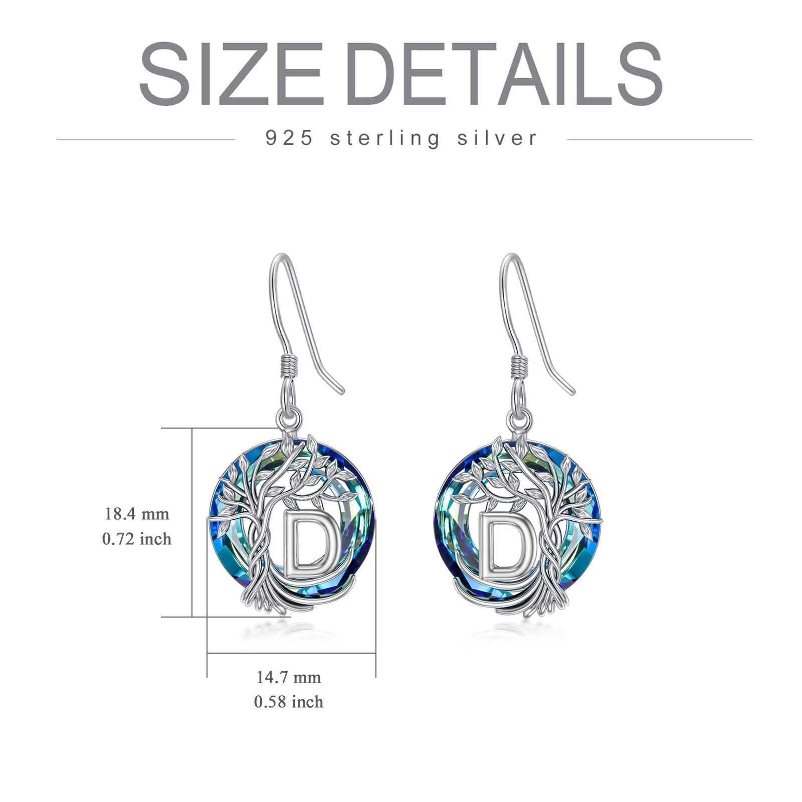 TOUPOP 925 Sterling Silver Tree of Life Initial Earrings with Blue Circle Crystal - A-Z Letter Drop Dangle Earrings for Women | Valentine's Day, Anniversary & Birthday Gift for Her, Girlfriend or Mom | Perfect for Date Night, Wedding & Special Occasions