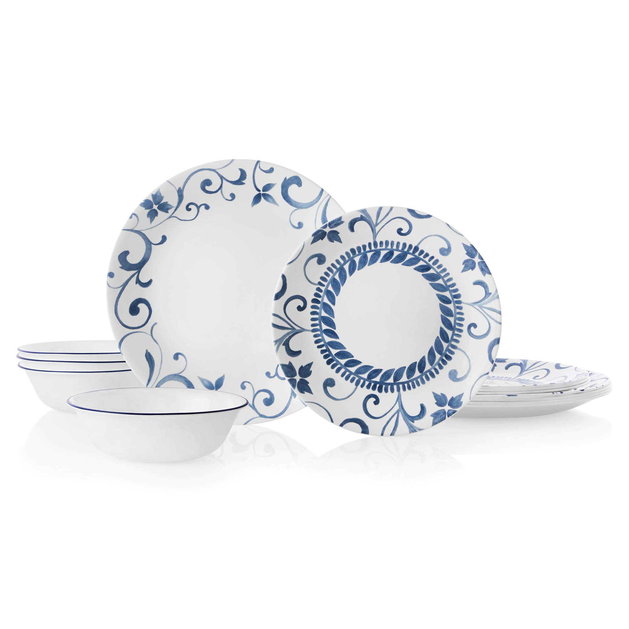 Corelle 12-Piece Dinnerware Set - Chip Resistant Glass Plates & Bowls for 4 People, Artemis Pattern, Vitrelle Technology - Perfect for Everyday Dining, Family Gatherings & Dinner Parties