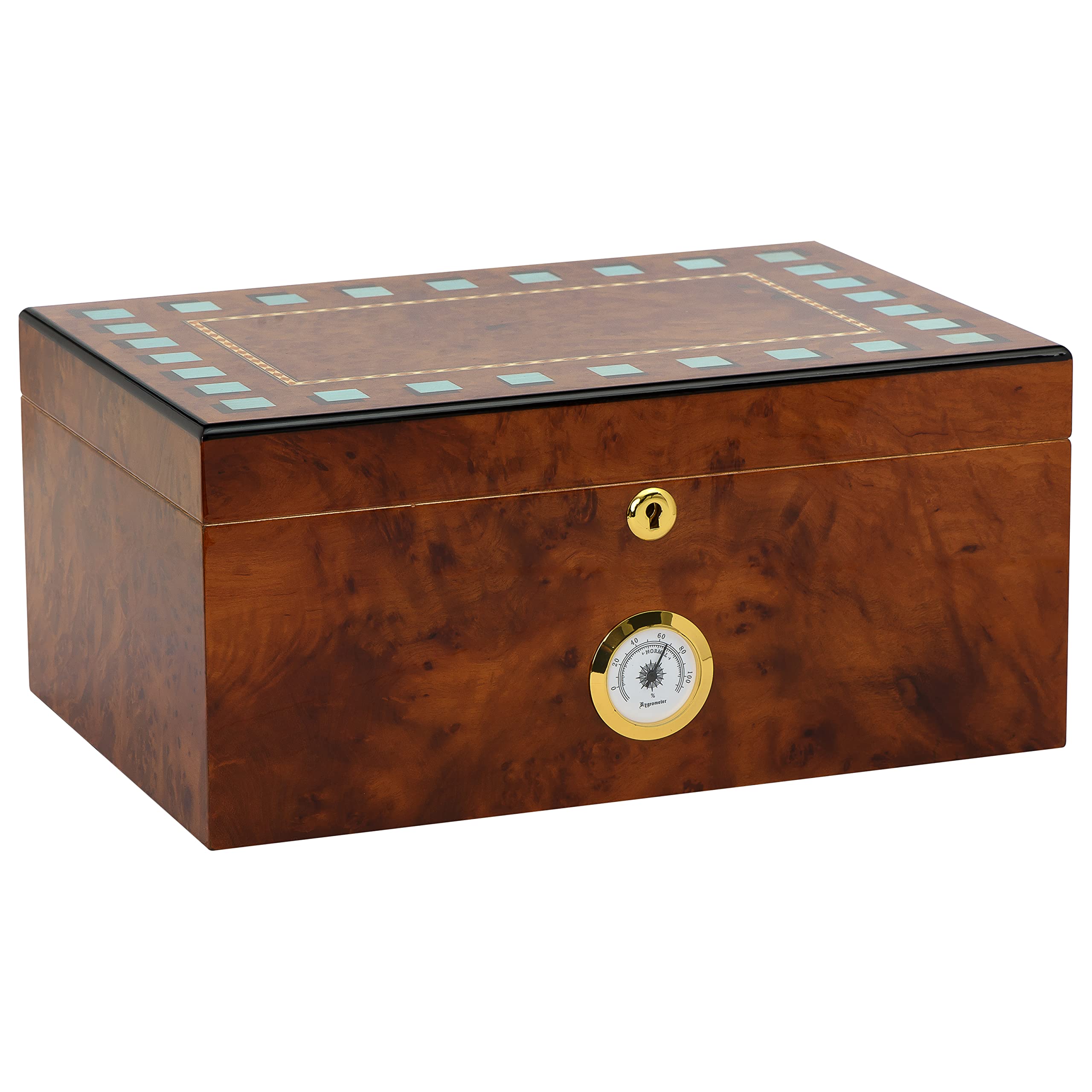 Premium Santorini Cigar Humidor - Rustic Burl Wood Desktop Storage with Blue Inlay, Glass Hygrometer & Spanish Cedar Tray - Holds 40-75 Cigars - Perfect for Home Office, Man Cave or Gift for Cigar Enthusiasts