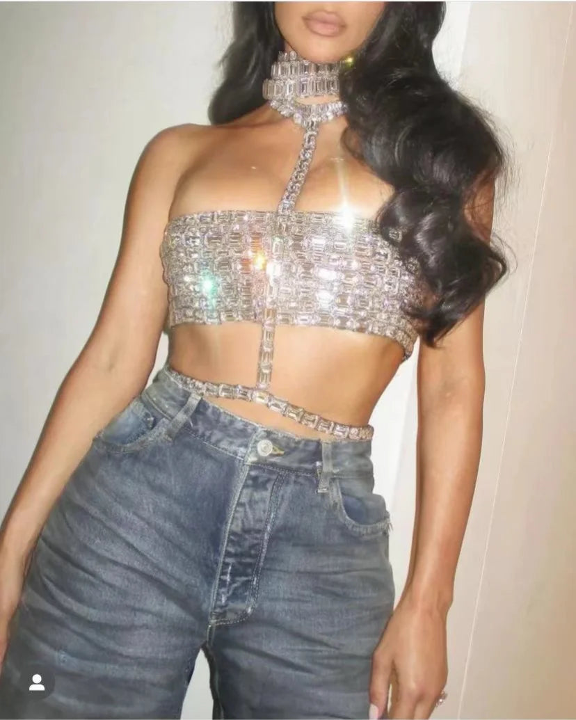 Celebrity-Inspired Red Carpet Halter Top for Women - Sparkling Crystal Party Tank Top for Nightclub, TV Shows & Special Events | High-Quality Sexy Evening Wear for Glamorous Occasions