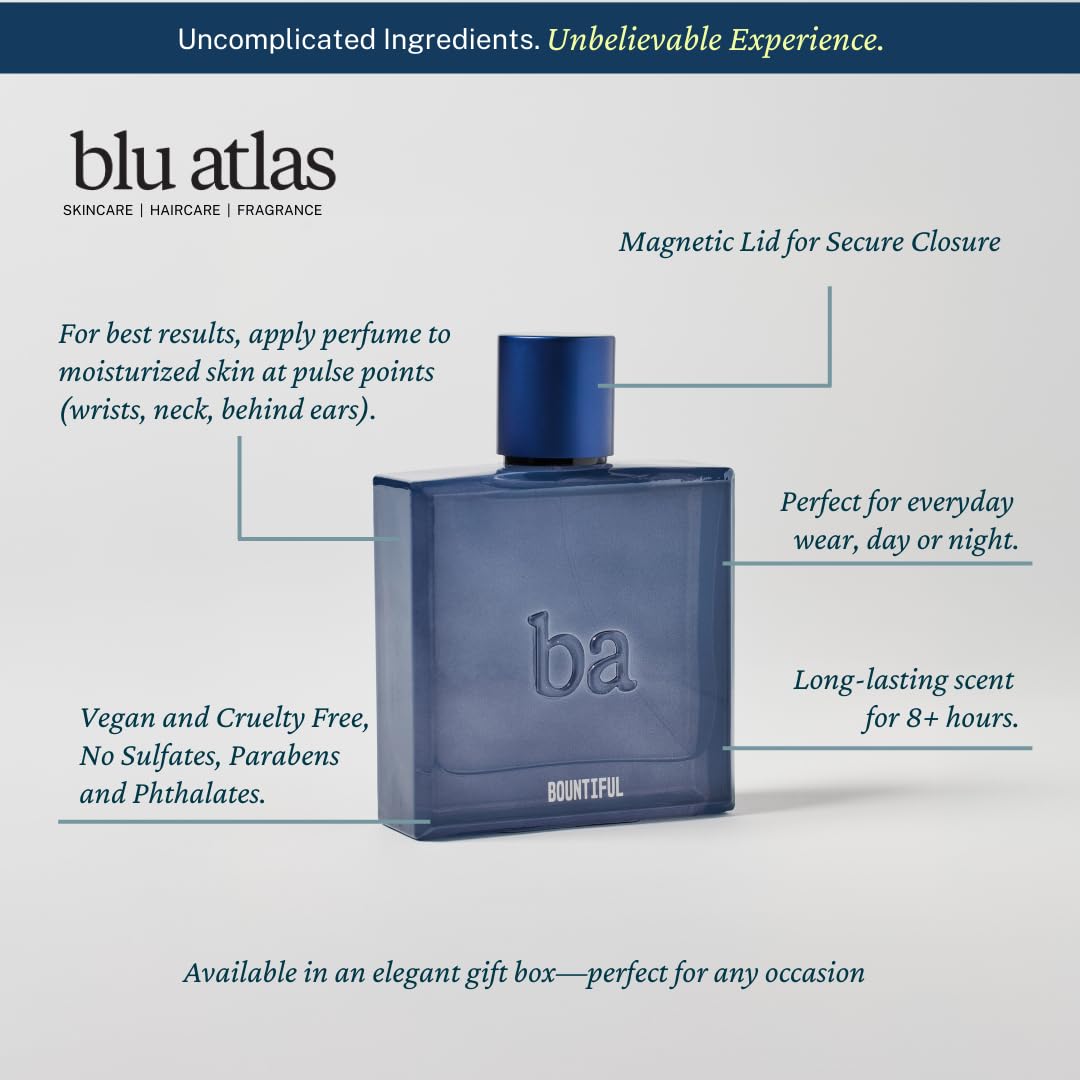 Blu Atlas Bountiful Cologne for Men - 1.4 oz/100 ml Vegan Eau de Parfum | Refreshing & Sophisticated Fragrance | Perfect for Date Nights, Office Wear & Special Occasions