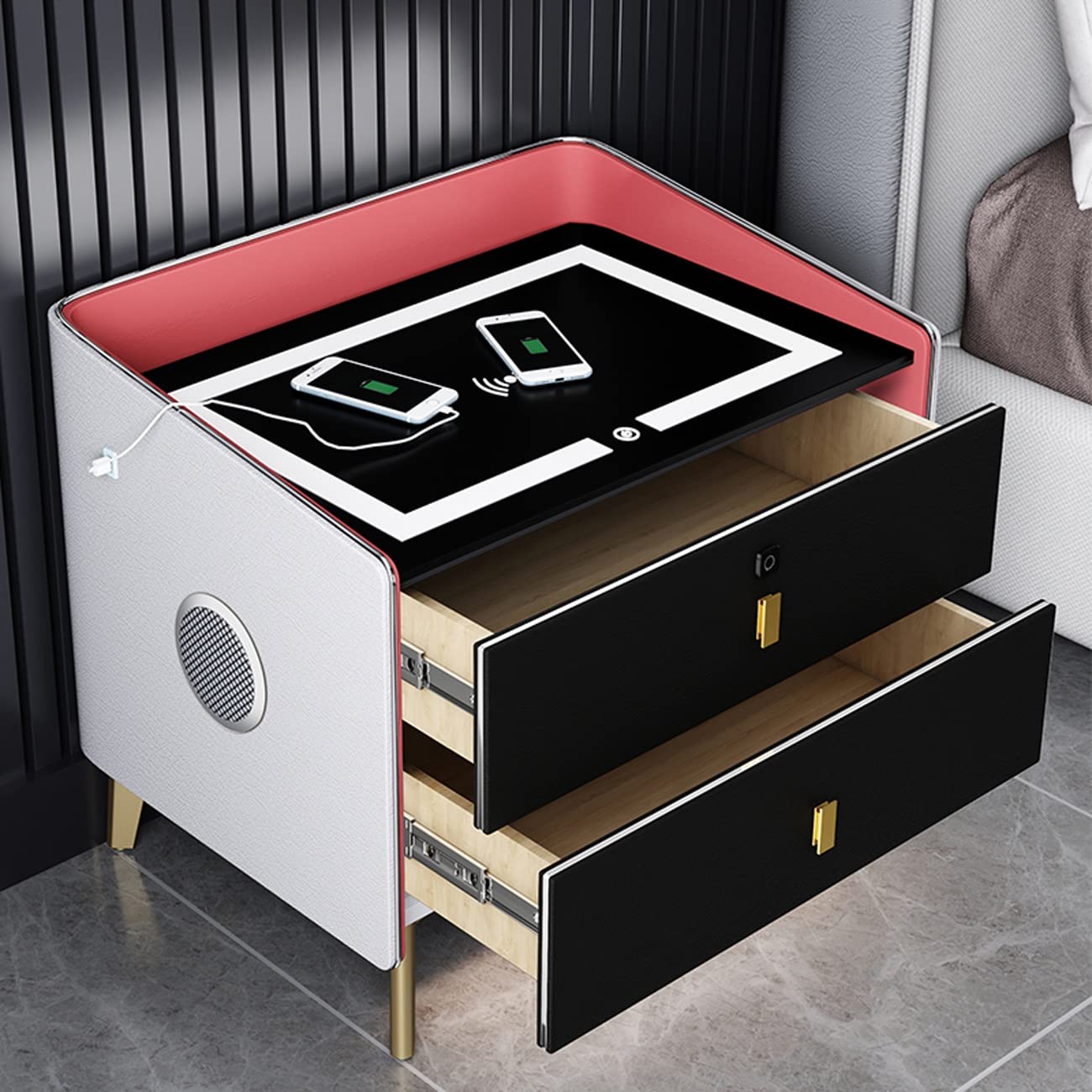 AVLUZ Smart LED Nightstand with Wireless Charging Station, Fingerprint Unlock Bedside Table with Bluetooth Speaker - Modern Gray Storage Cabinet for Bedroom, Living Room & Office - Perfect for Nighttime Reading, Phone Charging & Home Organization