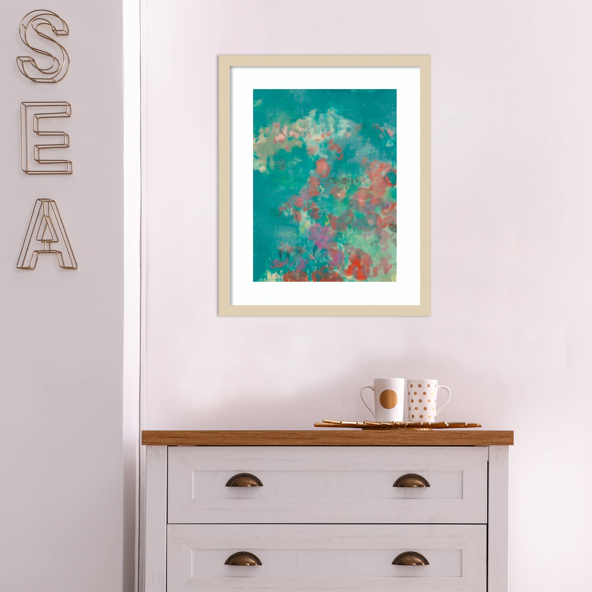 Amanti Art Framed Wall Art Print 21x17 - Teal Rose Garden Abstract Painting by Jennifer Goldberger | Modern Contemporary Home Decor for Living Room, Bedroom, Bathroom | Perfect for Housewarming Gifts & Interior Design