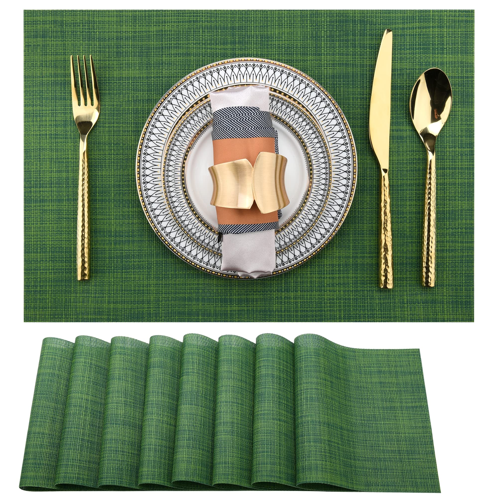 Green Placemats Set of 8 - Waterproof & Heat-Resistant PVC Table Mats for Dining - 17x12 Inch Washable Vinyl Placemats - Perfect for Everyday Meals, Dinner Parties & Holiday Gatherings