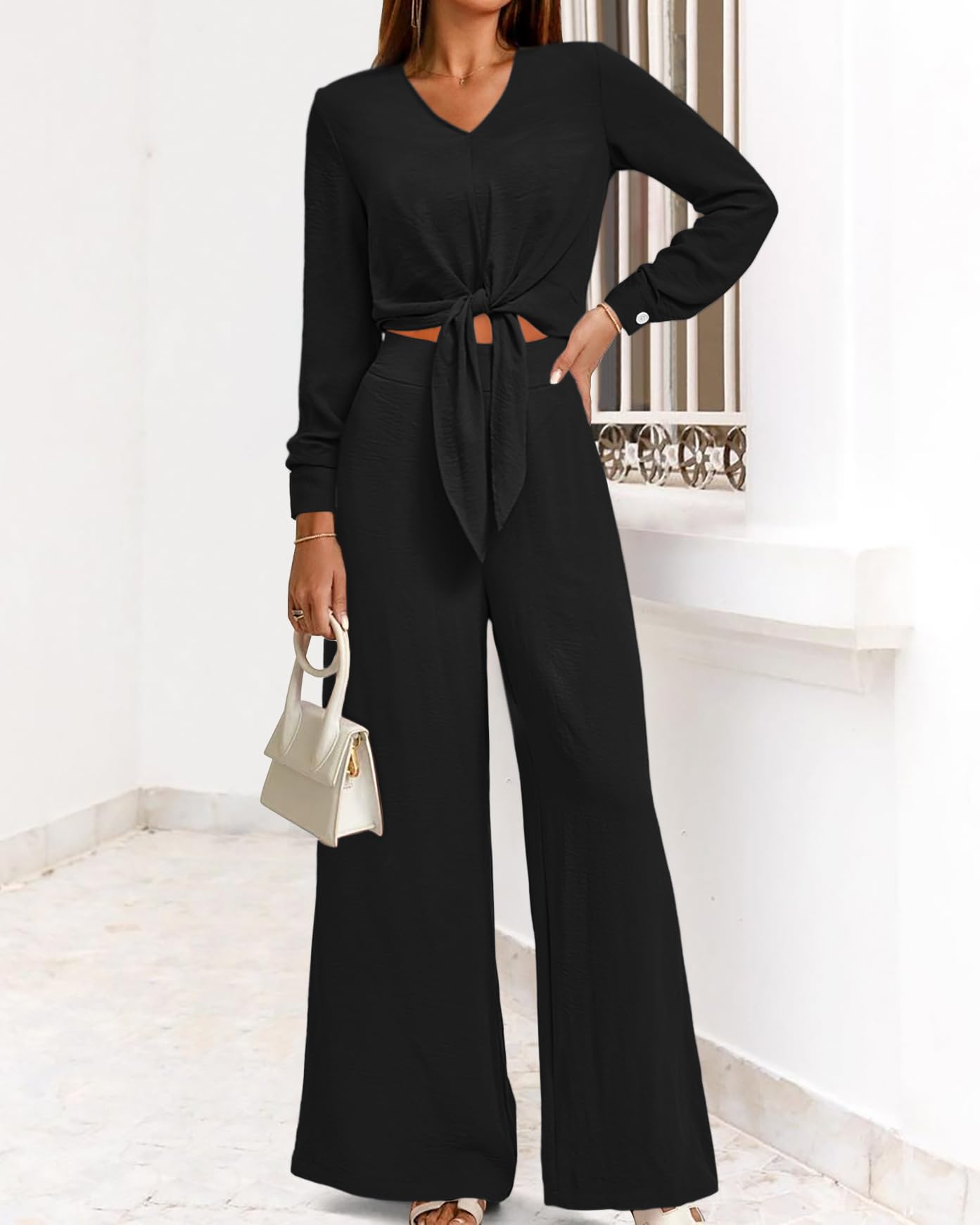 PRETTYGARDEN Women's 2 Piece Outfits 2025 Spring Casual V Neck Long Sleeve Strappy Crop Top & Wide Leg Palazzo Pant Sets | Trendy Matching Lounge Set for Date Night, Office Wear & Vacation Outfits