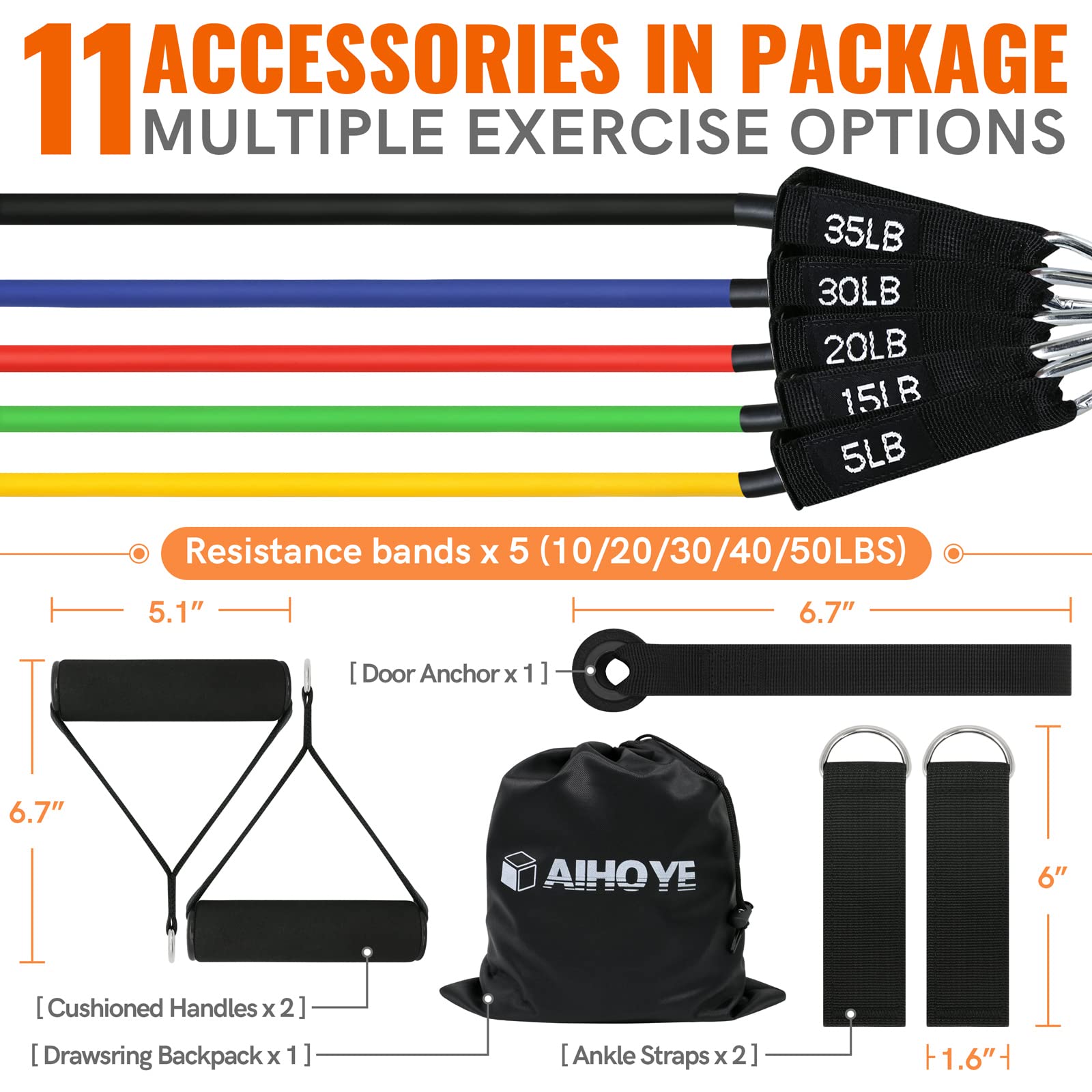 Aihoye Resistance Bands Set for Home Workouts - 5-Piece Exercise Bands with Door Anchor, Handles & Carry Bag | Strength Training, Physical Therapy, Yoga & Fitness for Men & Women