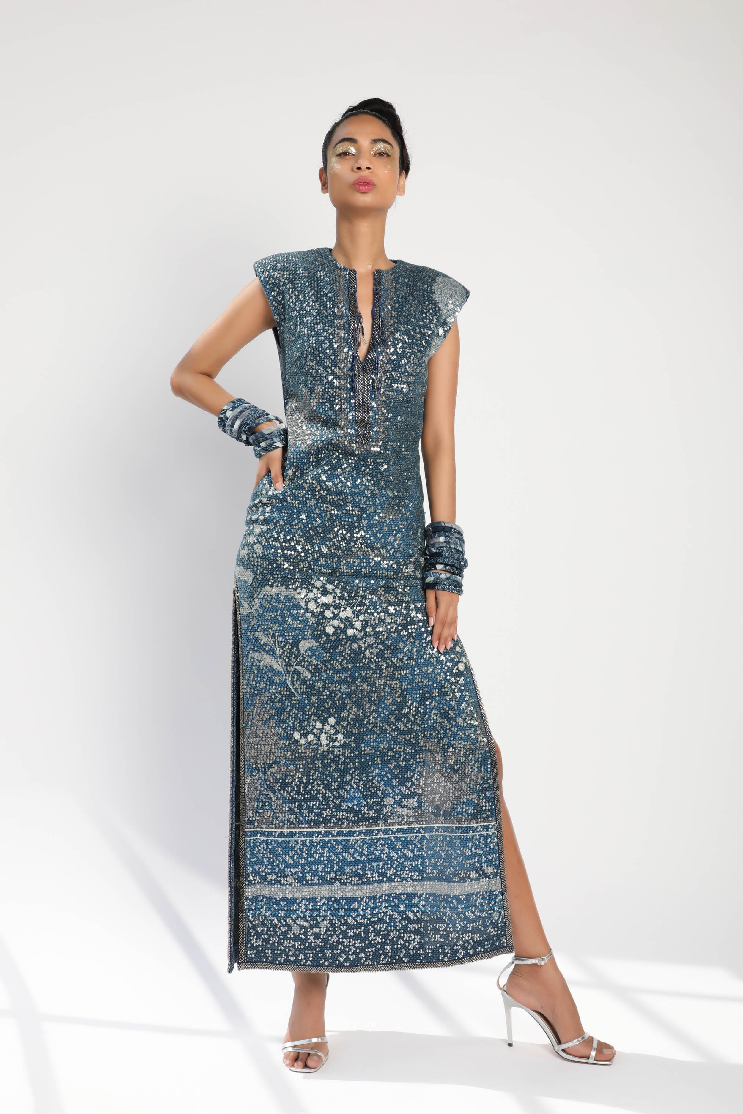 Indigo Blue Floral Print Side Slit Maxi Dress for Women | Elegant Summer Beach Party & Wedding Guest Outfit