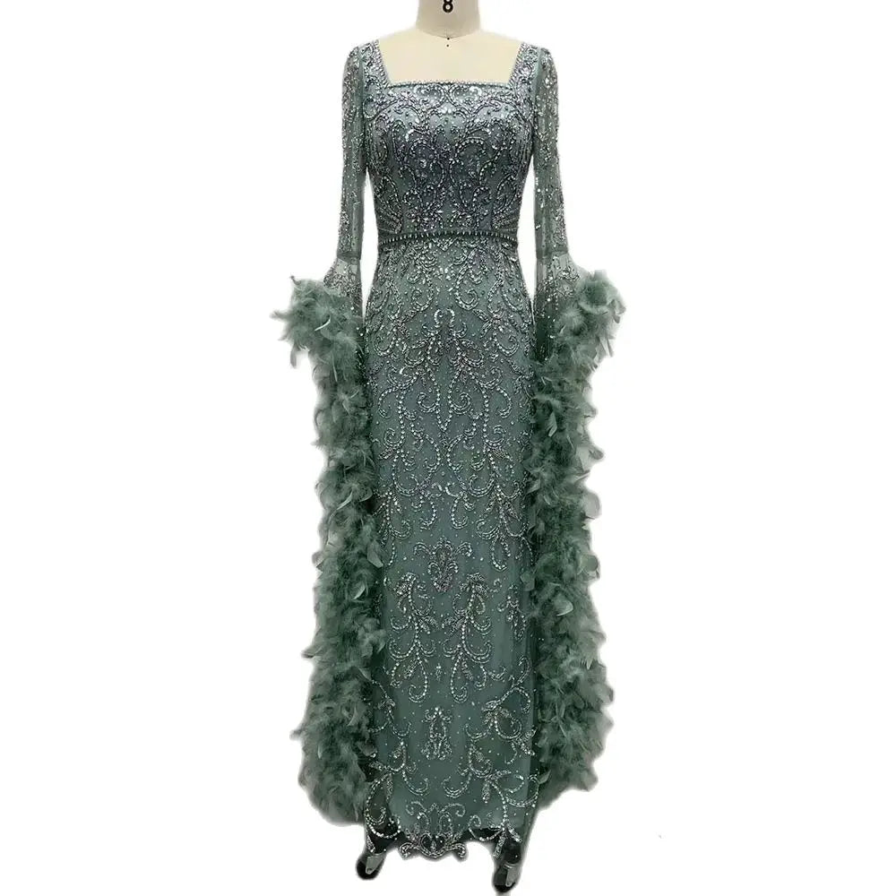 Luxury Dubai Flared Sleeves Mermaid Evening Gown with Turquoise Beads & Feathers - Formal Dresses for Prom, Gala & Special Occasions - LA72767