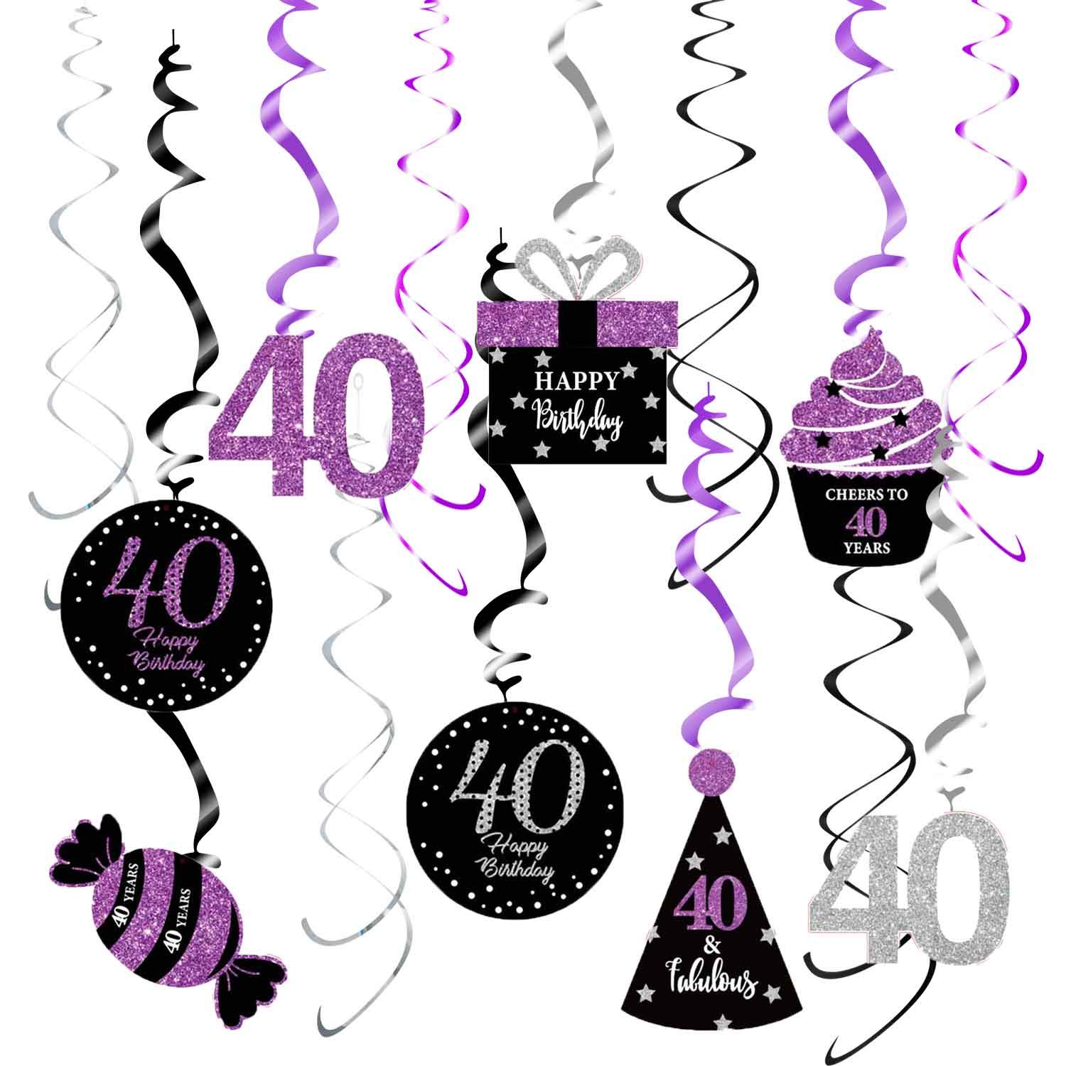 40th Birthday Party Decorations for Women - Purple, Black & Silver Foil Hanging Swirls - Perfect for 40th Birthday Celebrations, Milestone Parties & Women's Birthday Decor