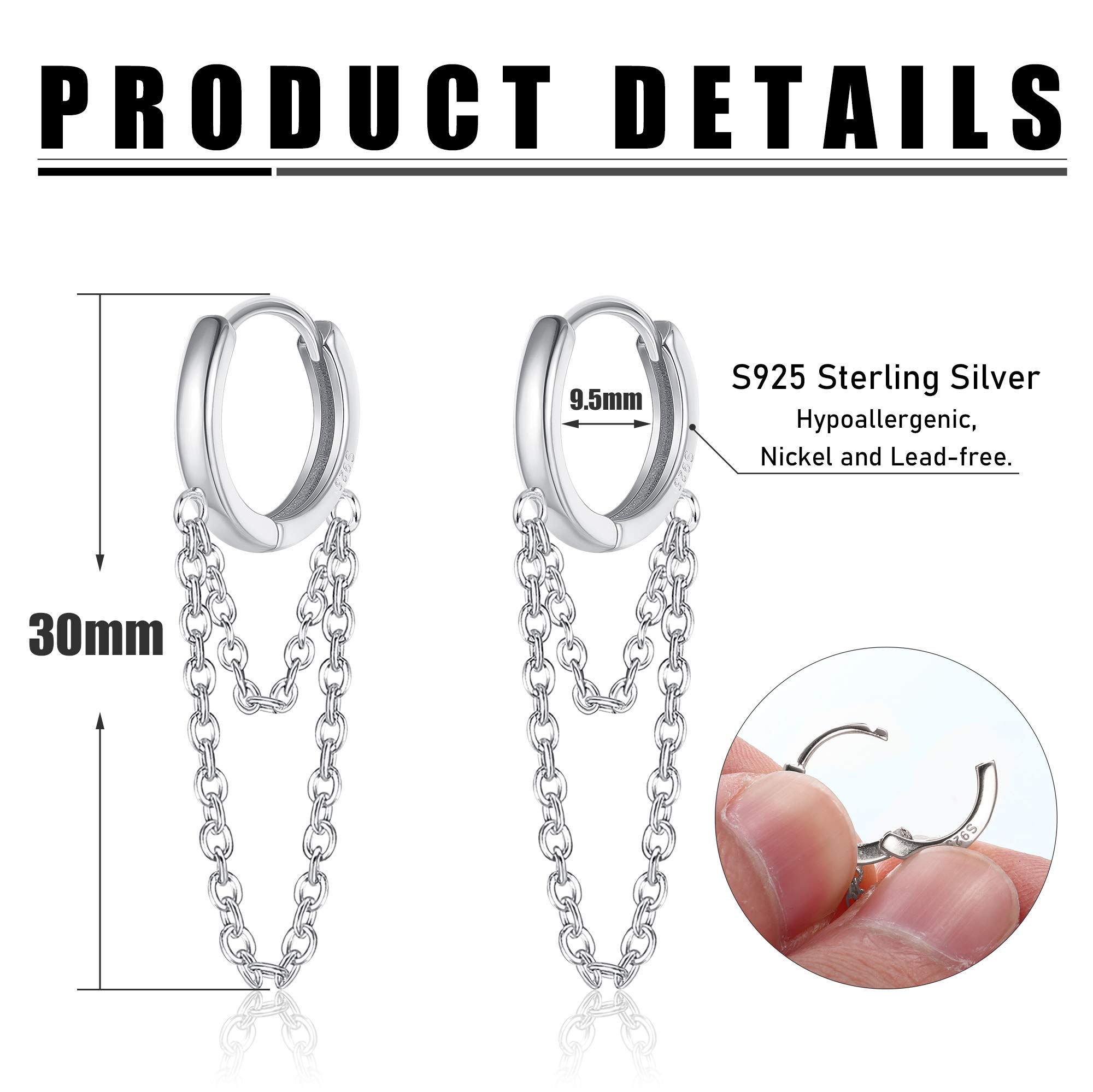 KRFY 925 Sterling Silver Hoop Earrings for Women - Minimalist Cartilage Huggie Hoops with Tassel Chain Dangle - Small Drop Chain Earrings in Silver | Perfect for Everyday Wear, Parties & Gifts