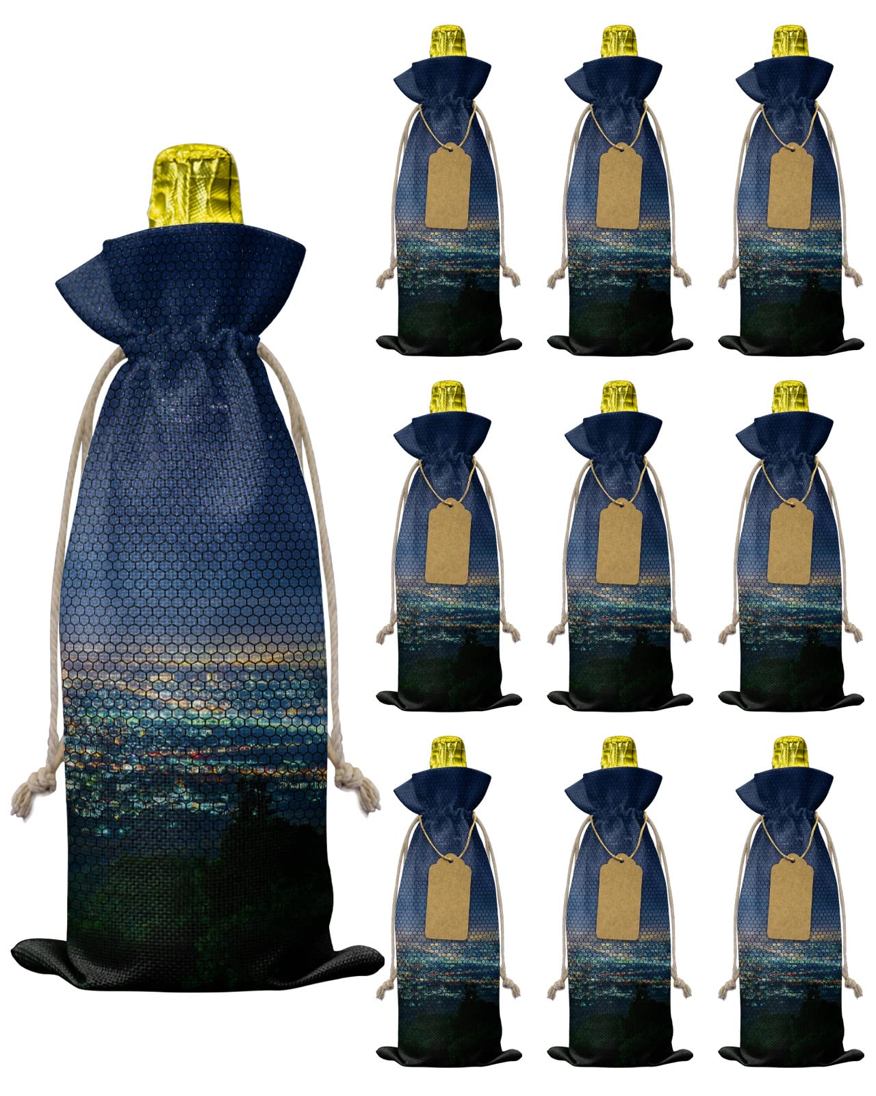 10pcs Reusable Burlap Wine Bags with Drawstrings - City Night Scenes & Forest Print Bottle Covers - Perfect for Christmas, Wedding, Birthday & Holiday Party Gifts - Great for Wine Bottle Wrapping, Party Favors & Hostess Gifts