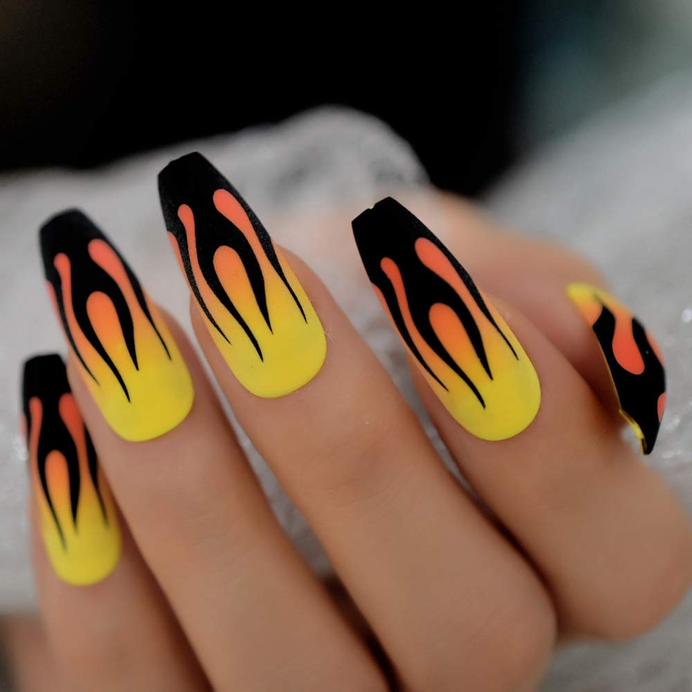 CoolNail Fire Matte Black & Yellow Press-On False Nails - Extra Long Coffin Ballerina Style with Frosted Finish & Free Adhesive Tabs - Perfect for Parties, Weddings, and Special Occasions
