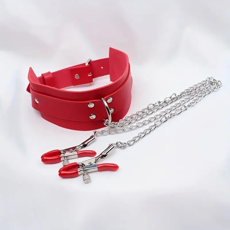 BDSM Nipple Clamps & Leather Collar Set - Fetish Toys for Women - Red