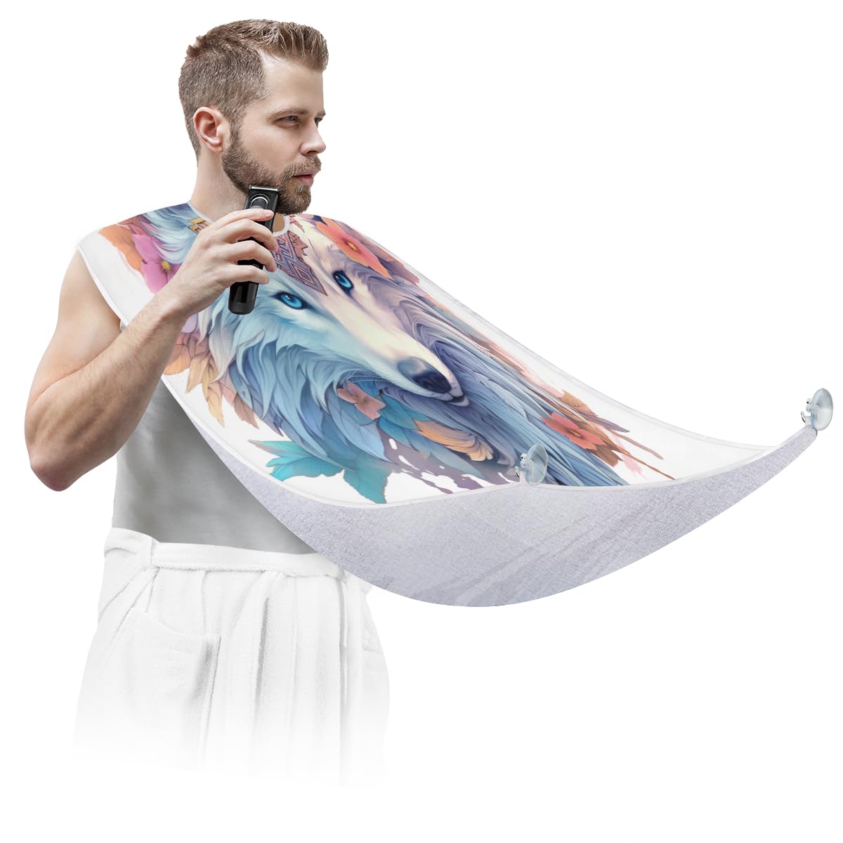 Men's Wolf Pattern Beard Shaving Bib - Waterproof Barber Apron for Hair Dye & Makeup - Sink Hair Catcher for Beard Trimming & Lineup - Perfect Gift for Barbers & Stylists (Great for Home Grooming & Salon Use)