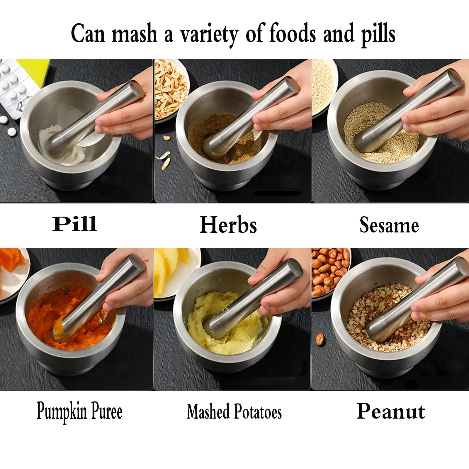 Premium Stainless Steel Mortar and Pestle Set - 5 Inch Large Molcajete for Grinding Herbs, Spices, Pills & Making Guacamole - 18/8 Rust-Proof Kitchen Tool for Cooking, Pharmacy Use & Mexican Cuisine