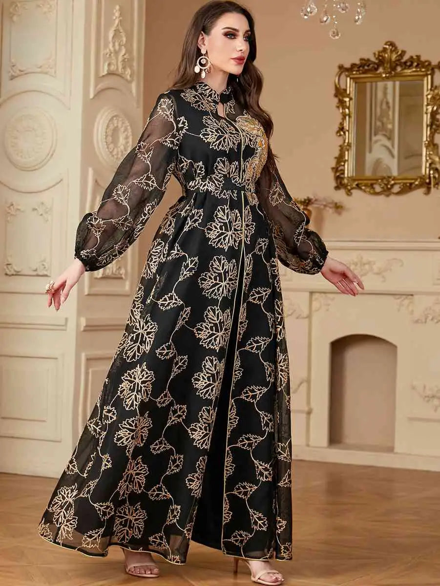 2 Piece Eid Embroidery Dress Set - Flowy Caftan Kaftan with Matching Sleeveless Inner Dress | Elegant Muslim Women's Outfit for Eid Celebrations, Parties & Special Occasions
