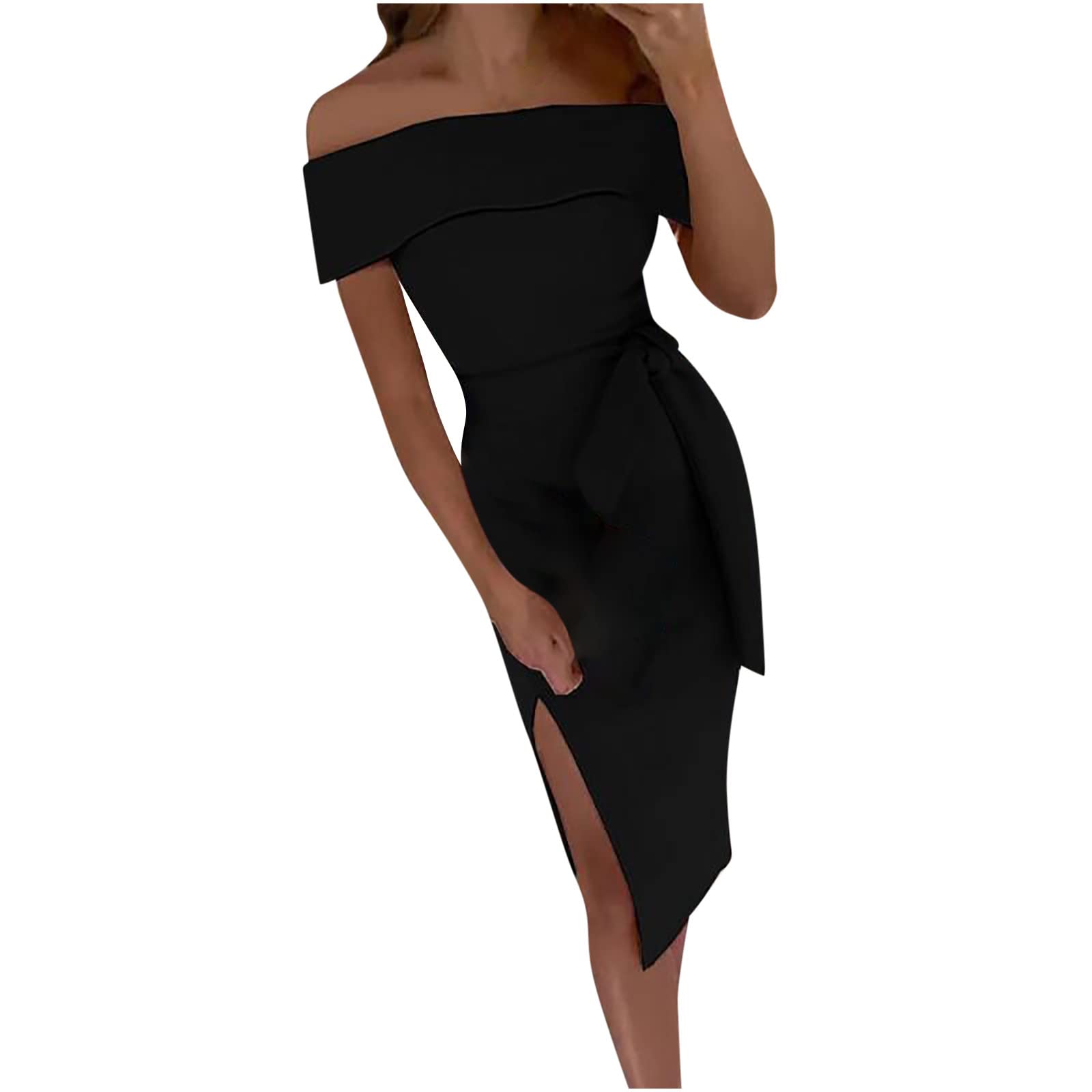 BmkBWO Women's Sexy Off-Shoulder Wedding Guest Dress - Short Sleeve Tie-Waist Midi Cocktail Dress in Solid Colors | Perfect for Bridal Showers, Date Nights & Formal Events