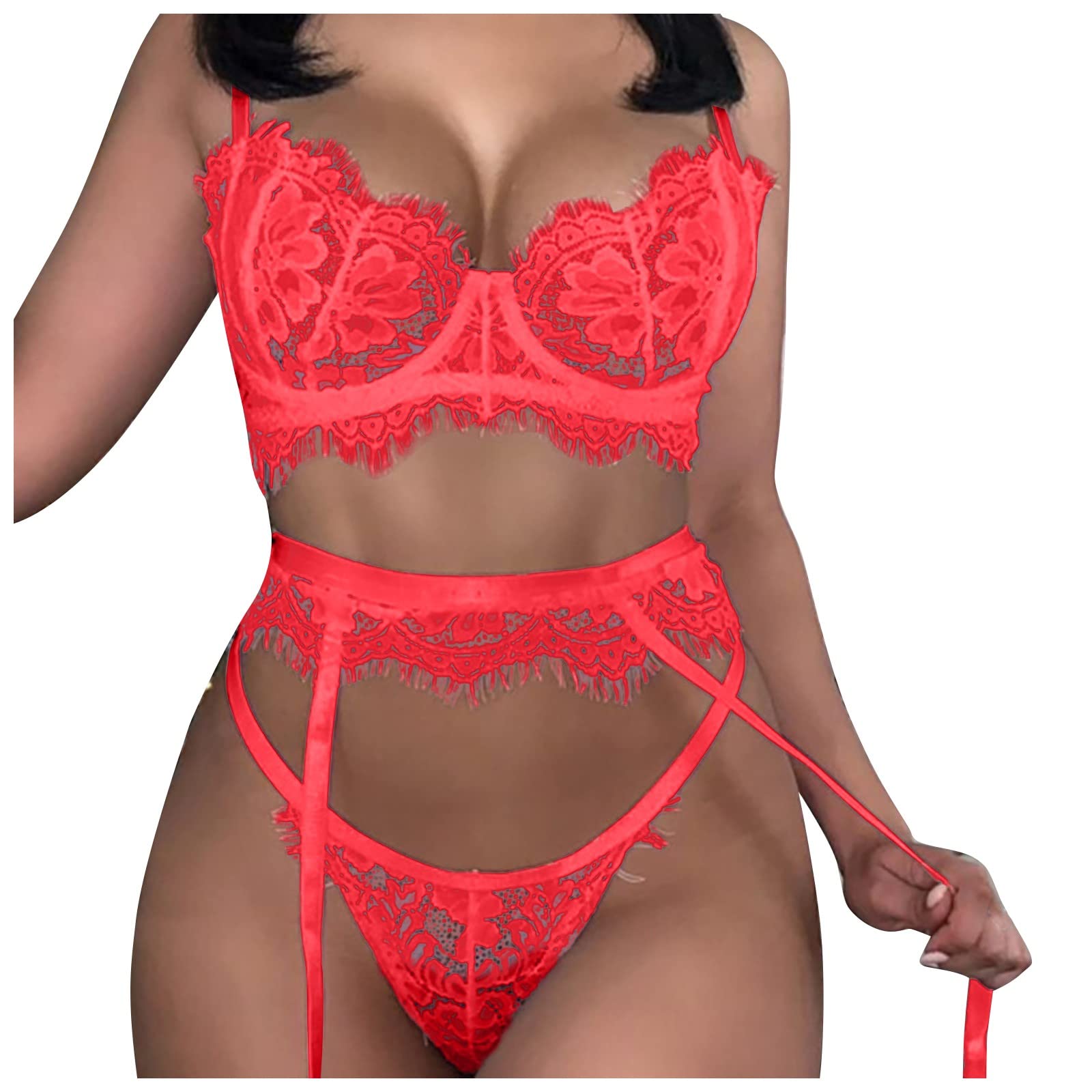**Sexy Red Lace Lingerie Set for Women - Strappy Teddy Babydoll with Garter & Matching Panties | Valentine's Day, Bridal, Boudoir Photography**