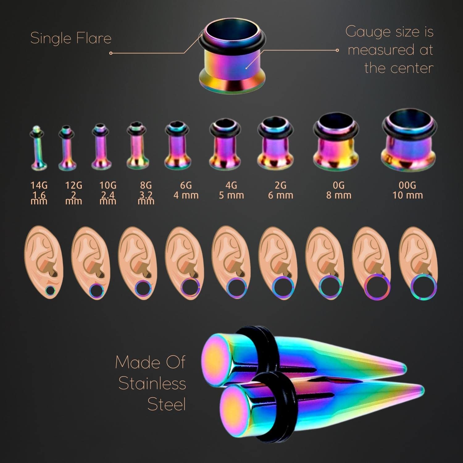 BodyJ4You 38PC Ear Stretching Kit - 14G to 00G Beginner Gauges with Steel Tapers, Single Flare Plugs & Tunnels - Includes Jojoba Oil Balm Wax for Aftercare - Perfect for Women & Men Ear Piercing Jewelry - Ideal for Daily Wear, Gifting & Professional Ear Stretching