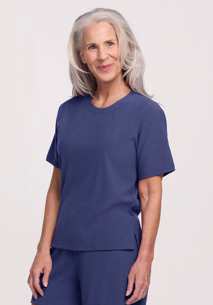 Delia Ribbed Short Sleeve T-Shirt for Women | Blue Horizon Casual Top | Perfect for Summer Outfits, Beach Wear & Everyday Comfort