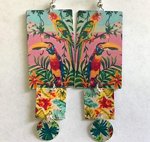 Exotic Tropical Island Bird Vintage Earrings - Handmade Metal Jewelry for Cruise, Resort & Beach Wear | Colorful Artist-Designed Earrings with Matching Bracelet | Perfect for Vacations, Summer Parties & Boho Fashion