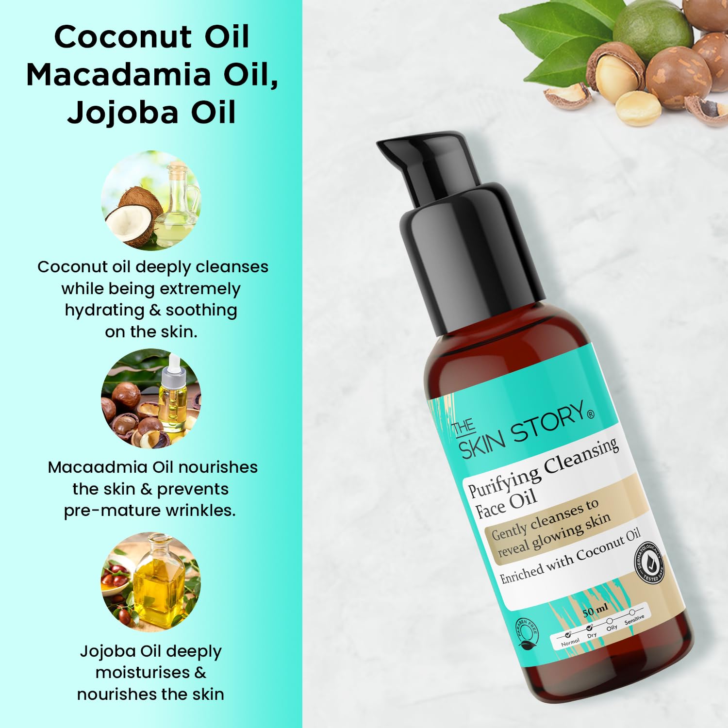 The Skin Story Purifying Cleansing Oil 50ml | Gentle Makeup Remover & Deep Facial Cleanser | Natural Macadamia, Jojoba & Coconut Oils | Hydrating & Nourishing Formula | Dermatologist Tested, Paraben-Free | For Normal to Dry Skin | Perfect for Daily Skincare Routine & Travel-Friendly Size
