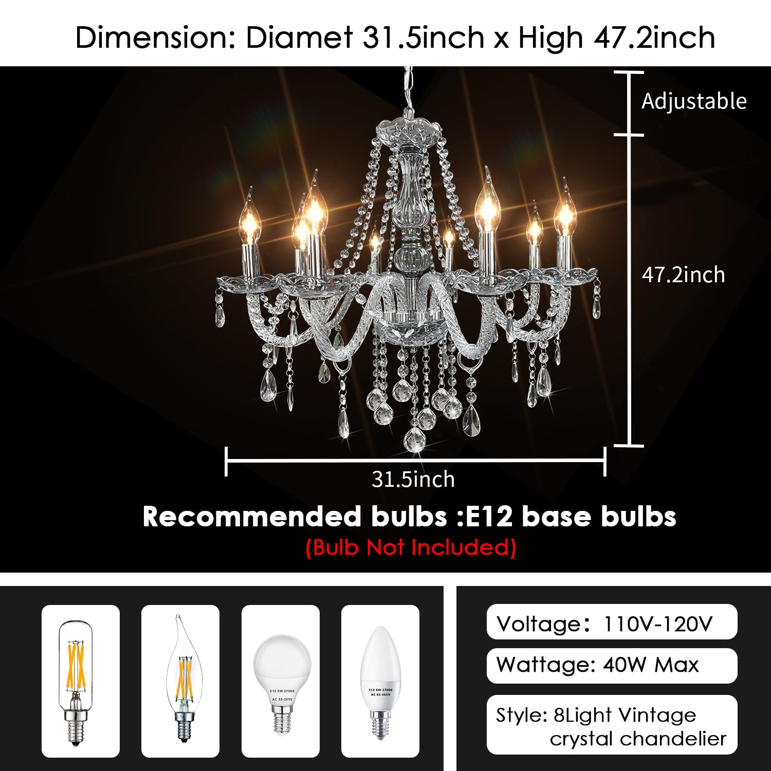CRYSTOP Modern 8-Light Crystal Chandelier - 31.5