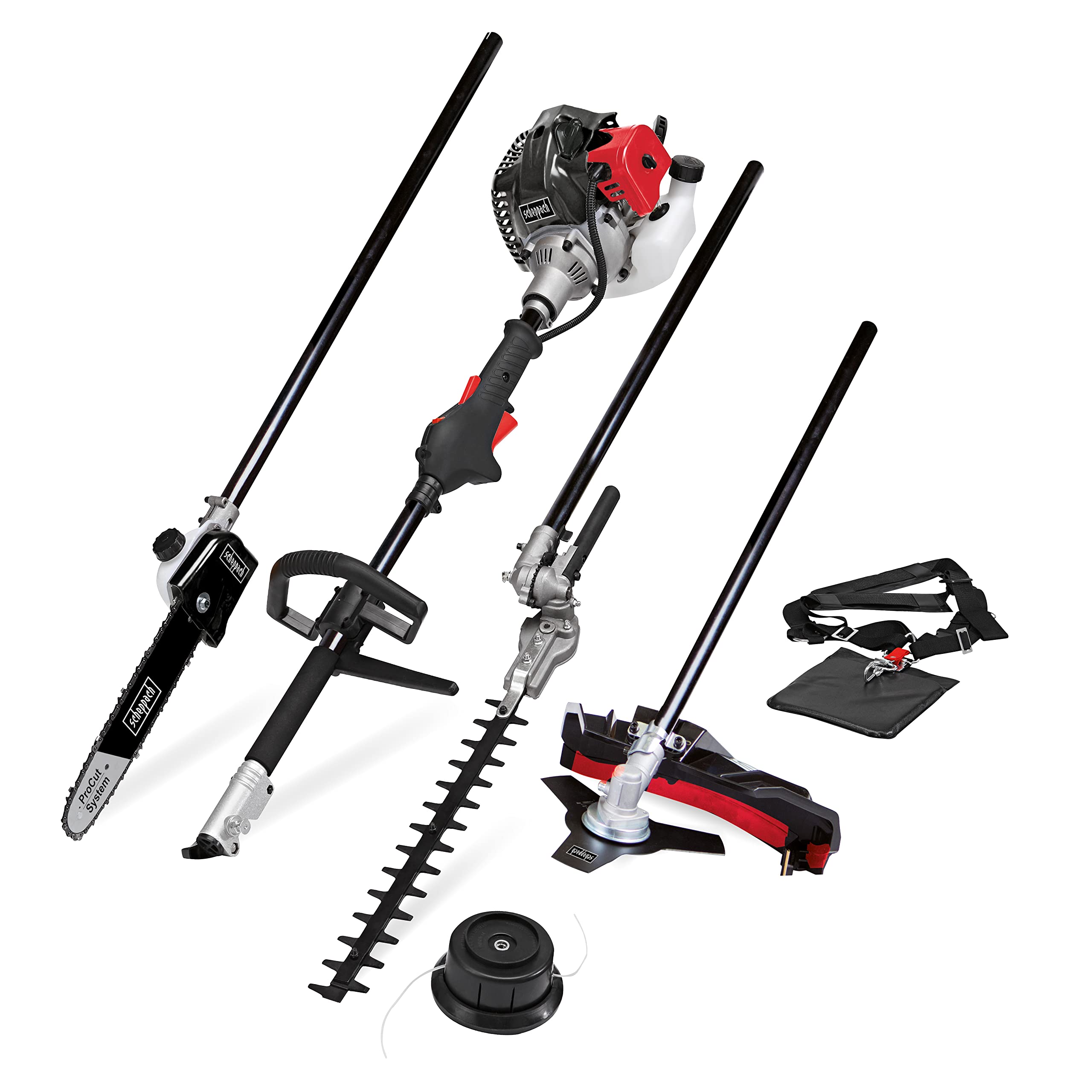 Scheppach MFH5200-4P 1.8HP 4-in-1 Gas Power Multi-Tool for Gardening - Grass Trimmer, Hedge Trimmer, Pole Saw, Chainsaw with 250mm Blade/Chain, Pivoting Head & Quick Change System - Perfect for Lawn Care, Landscaping & Yard Maintenance