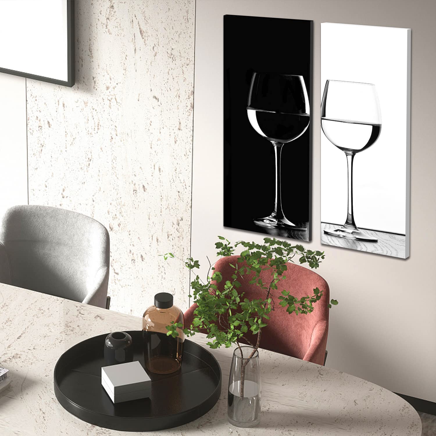 Black and White Wine Glass Canvas Prints - Modern Abstract Wall Art for Kitchen, Dining Room, Bar & Pub Decor - Set of 2 (12x32 Inches) - Perfect for Home, Office & Restaurant Decorations