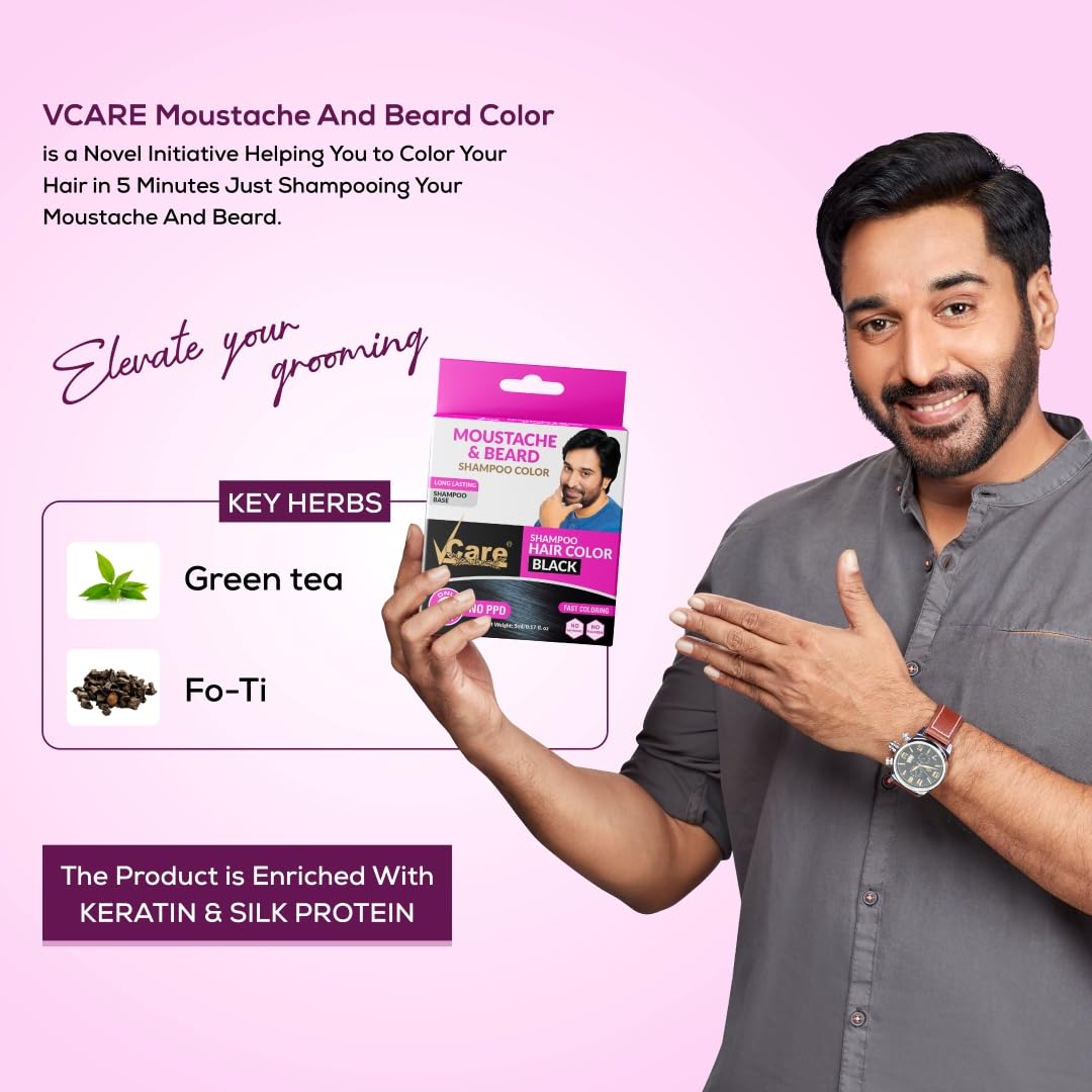 VCare Moustache & Beard Color Shampoo for Men - Natural Black Hair Dye Conditioner | Ammonia-Free, Paraben-Free, PPD-Free | 5ml (Pack of 10) | Perfect for At-Home Grooming & Touch-Ups