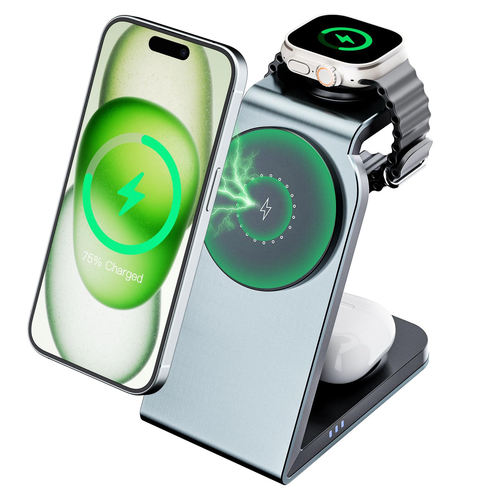 3-in-1 Magnetic Wireless Charging Station for iPhone 16/15/14/13/12, Apple Watch & AirPods - 15W Fast MagSafe Charger Stand | Perfect for Travel, Office & Nightstand Use