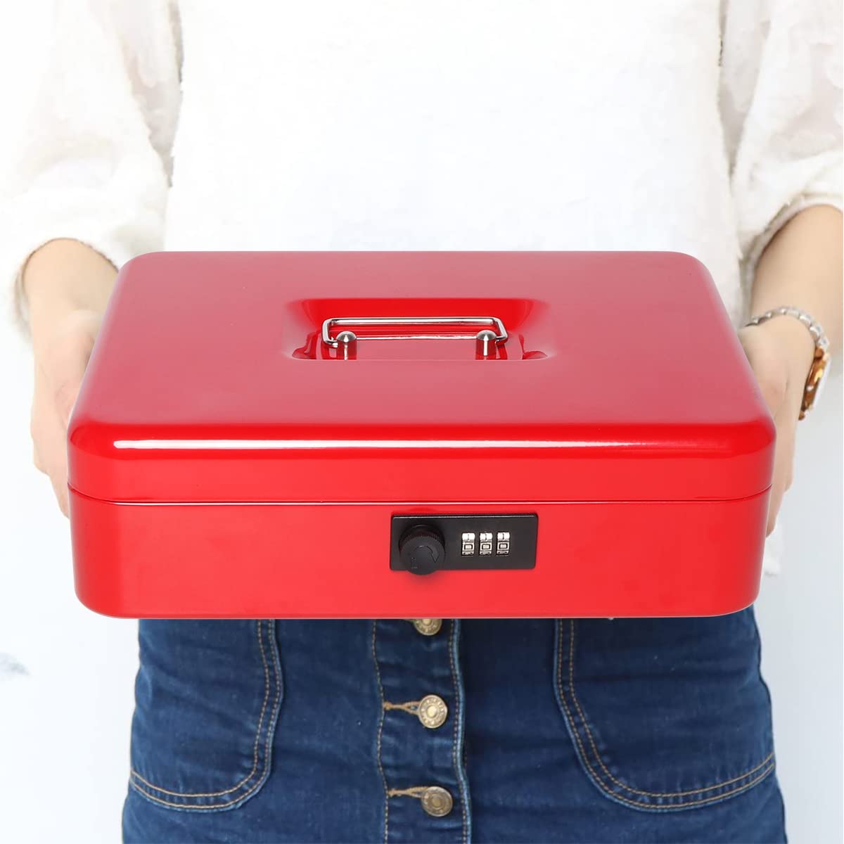 Jssmst Large Cash Box with Money Tray & Combination Lock - 11.8