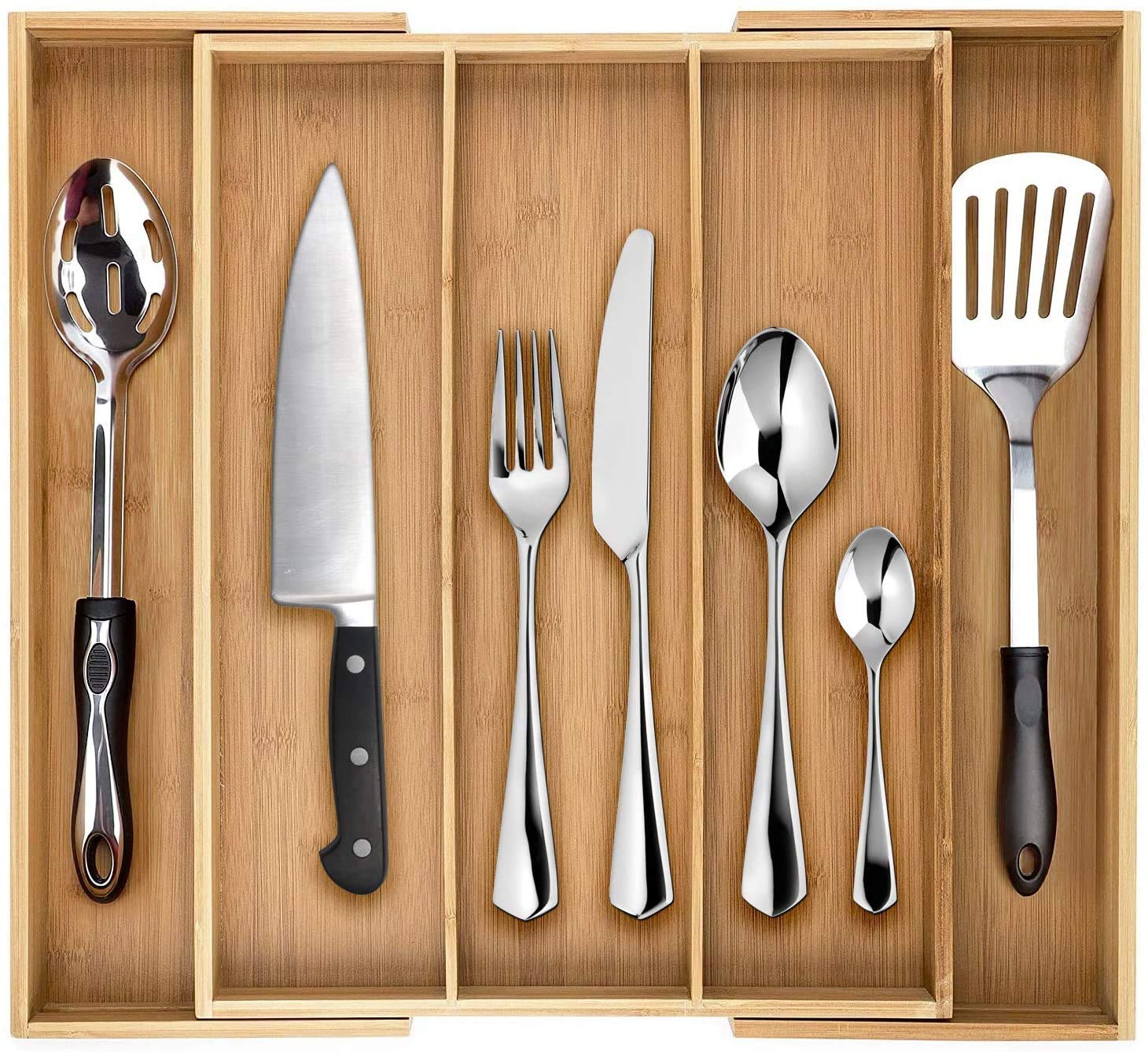 Premium Bamboo Drawer Organizer - Adjustable Utensil Tray for Kitchen (3-5 Slots) | 100% Natural Bamboo Silverware Organizer | Perfect for Cutlery, Spoons, Forks & Kitchen Tools Storage