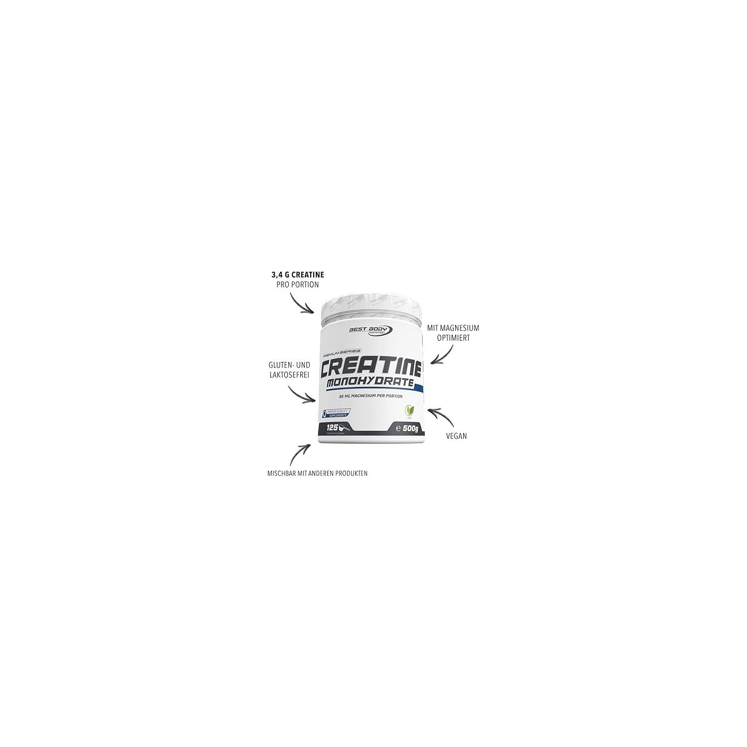 Best Body Nutrition Creatine Monohydrate Powder - 500g (1.1 lb) for Muscle Growth, Strength & Performance - Pre & Post Workout Supplement for Athletes & Bodybuilders