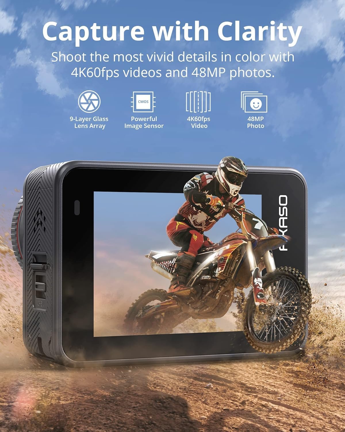 AKASO Brave 8 4K60FPS Waterproof Action Camera - 48MP Touch Screen, 16x Slow Motion, SuperSmooth Stabilization, Wide Angle Lens - Includes 64GB U3 microSDXC Card - Perfect for Underwater Diving, Surfing, Skiing & Adventure Sports