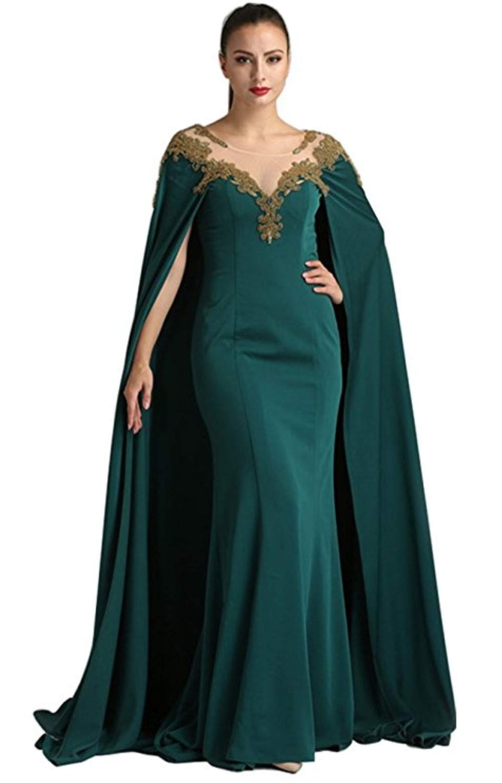 Elegant Long Formal Prom Dress with Cape Illusion Neck Lace - Perfect for Mother of The Bride, Wedding Party & Special Occasions