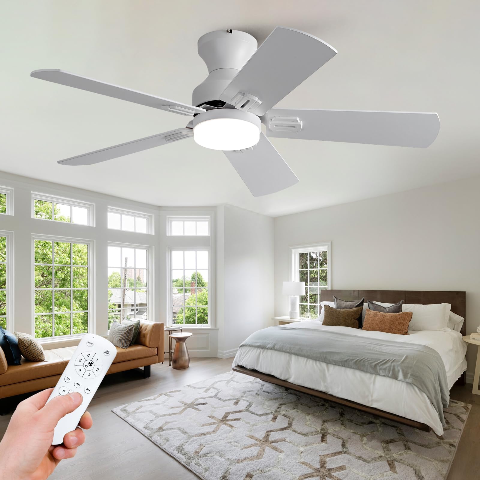 42 Inch Low Profile Flush Mount Ceiling Fan with Light and Remote - 5 Blade White Modern Ceiling Fan with 3CCT LED Light, Quiet Strong Motor - Perfect for Bedroom, Living Room, Kitchen and Office Spaces