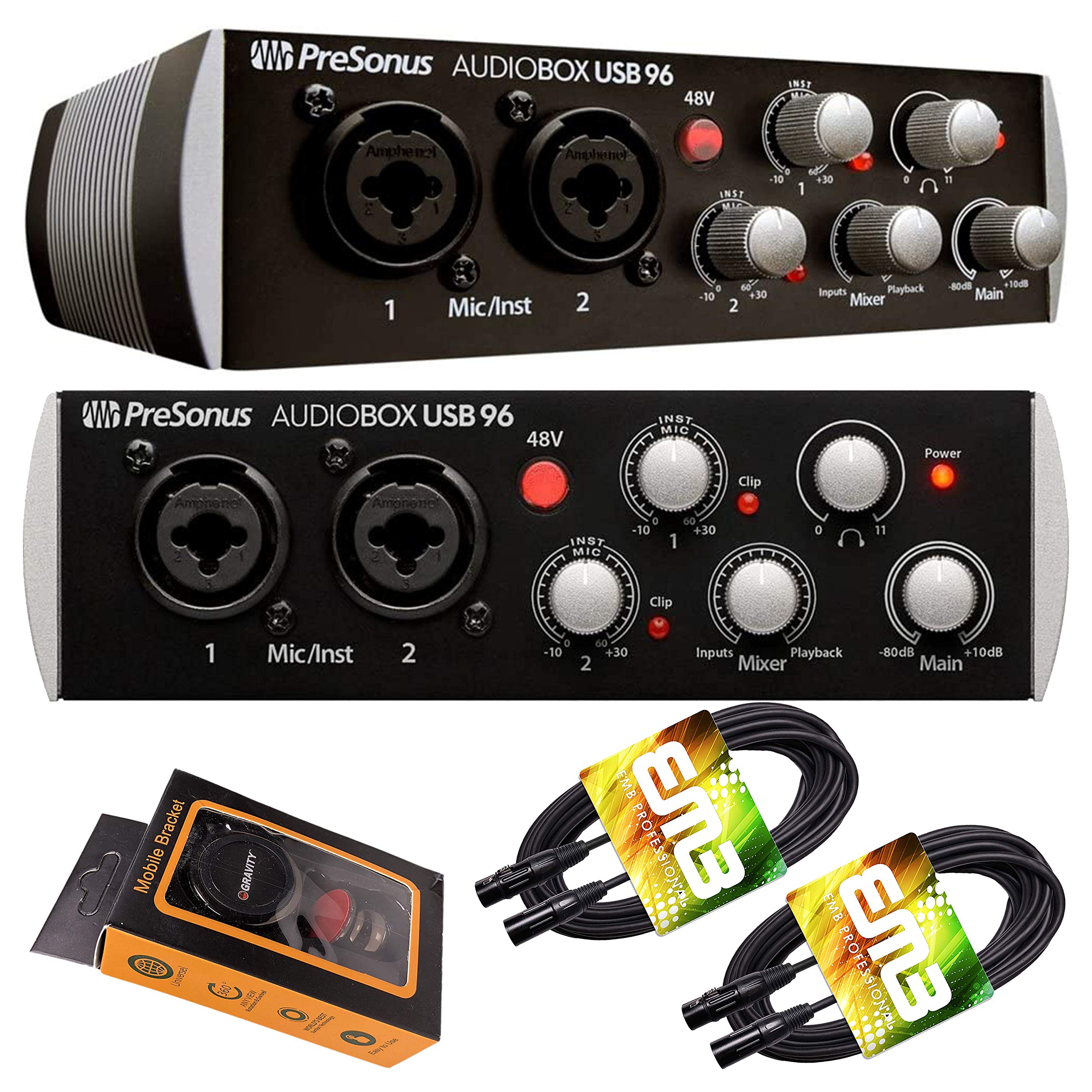 PreSonus AudioBox USB 96 Digital Audio Interface with 96kHz Converters - USB Bus-Powered, Class A MIC/LINE/Instrument Preamps - Includes Gravity Phone Holder & XLR Cables (Black) - Perfect for Home Recording, Podcasting & Music Production