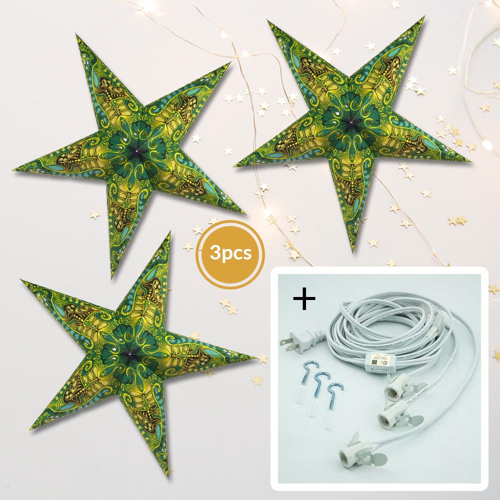 3 Pack Green Oriental Swan 24 Inch LED Illuminated Paper Star Lanterns with Bulbs & Cord - Perfect for Home Decor, Parties, and Outdoor Lighting