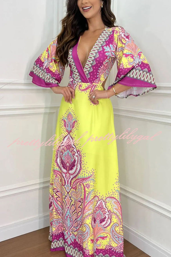 Elegant Palace Style Print Bell Sleeve Backless Maxi Dress for Women | Flowy Vacation & Beach Dress | Perfect for Summer Parties, Weddings & Tropical Getaways