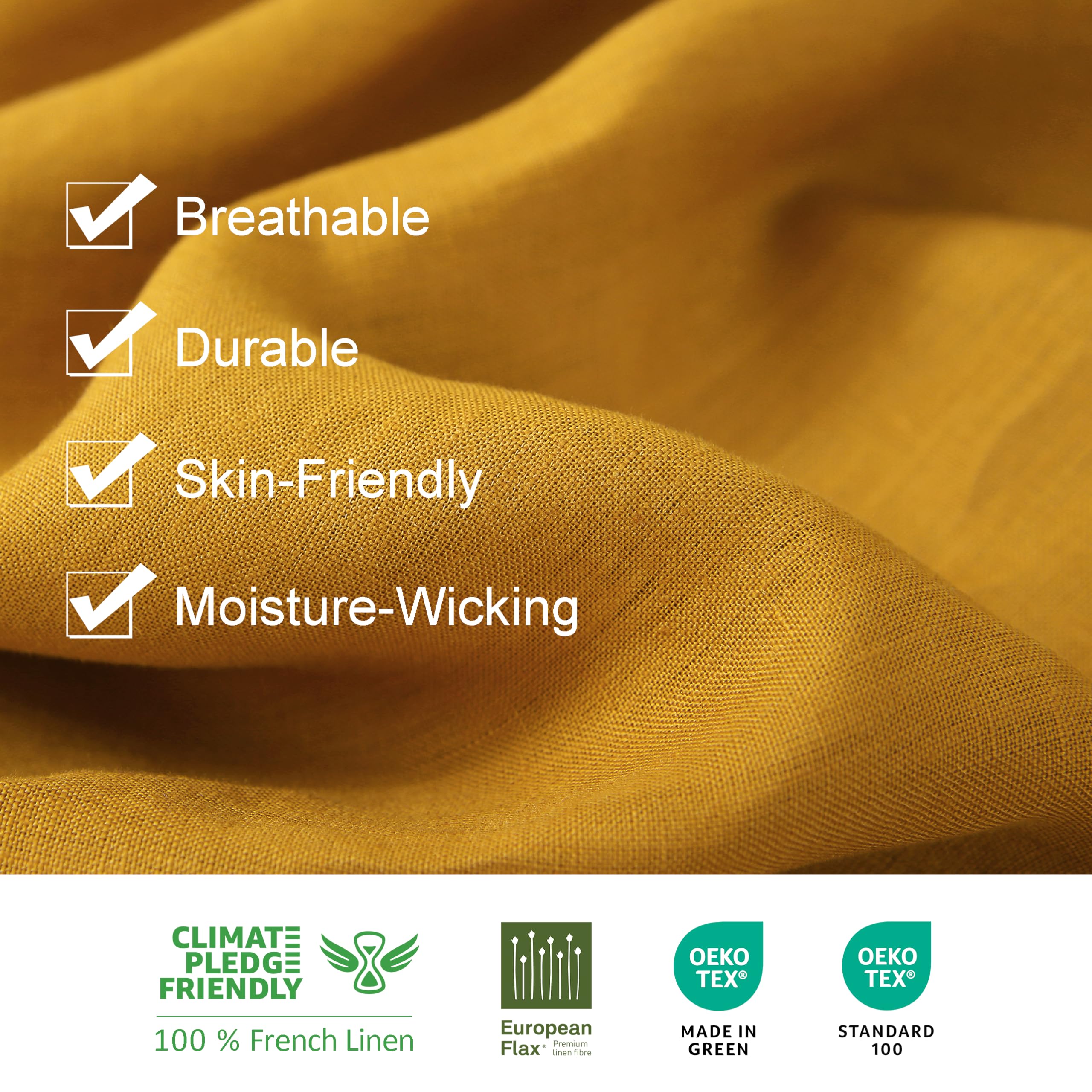 100% Organic Linen Sheets California King Size - French Flax Bedding Set 4pc (Stone Washed, Breathable, Yellow) | Luxury Eco-Friendly Bed Sheets for Master Bedroom & Guest Room
