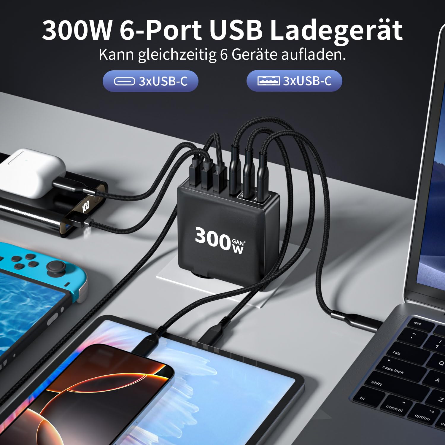 300W GaN PD USB-C Fast Charger with 6 Ports (3 USB-C & 3 USB-A) - Multi-Port Charging Station for MacBook, iPad Pro/Air, iPhone 16/15 Pro Max, Samsung Galaxy - Perfect for Home, Office & Travel Charging Needs