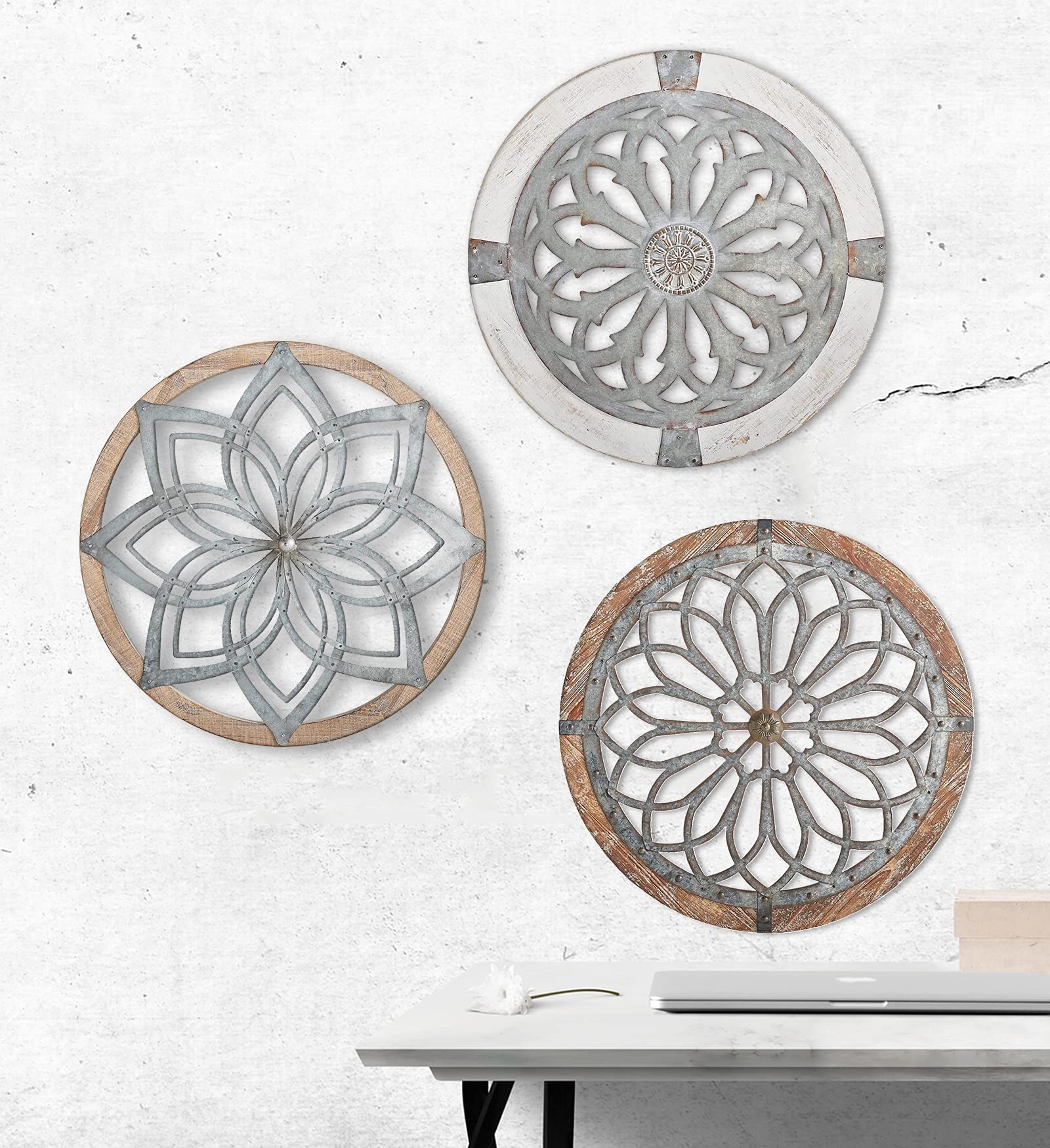Heritage Round Wall Art Set of 3 - Sacred Geometry Metal Flower Decor, Handmade Carved Hanging Ornaments for Home & Office - Vintage Boho Style Wall Decorations for Living Room, Bedroom or Cafe Studio