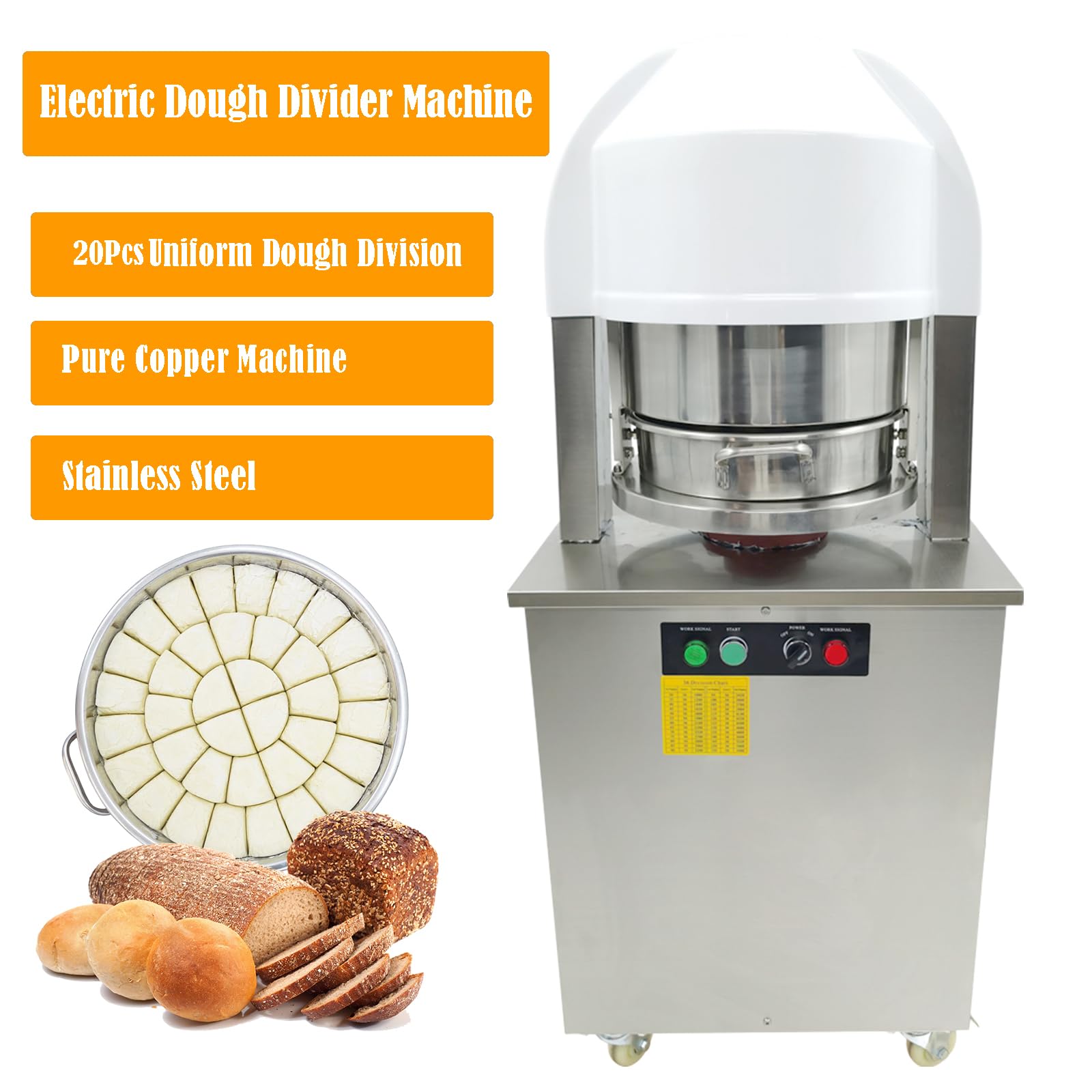 Automatic Dough Divider Cutter Machine - 20Pcs Stainless Steel Dough Cutting Tool for Bread, Pastry & Fillings (30g-155g) with 2 Plates - 110V Commercial Bakery Equipment for Restaurants, Bakeries & Home Baking