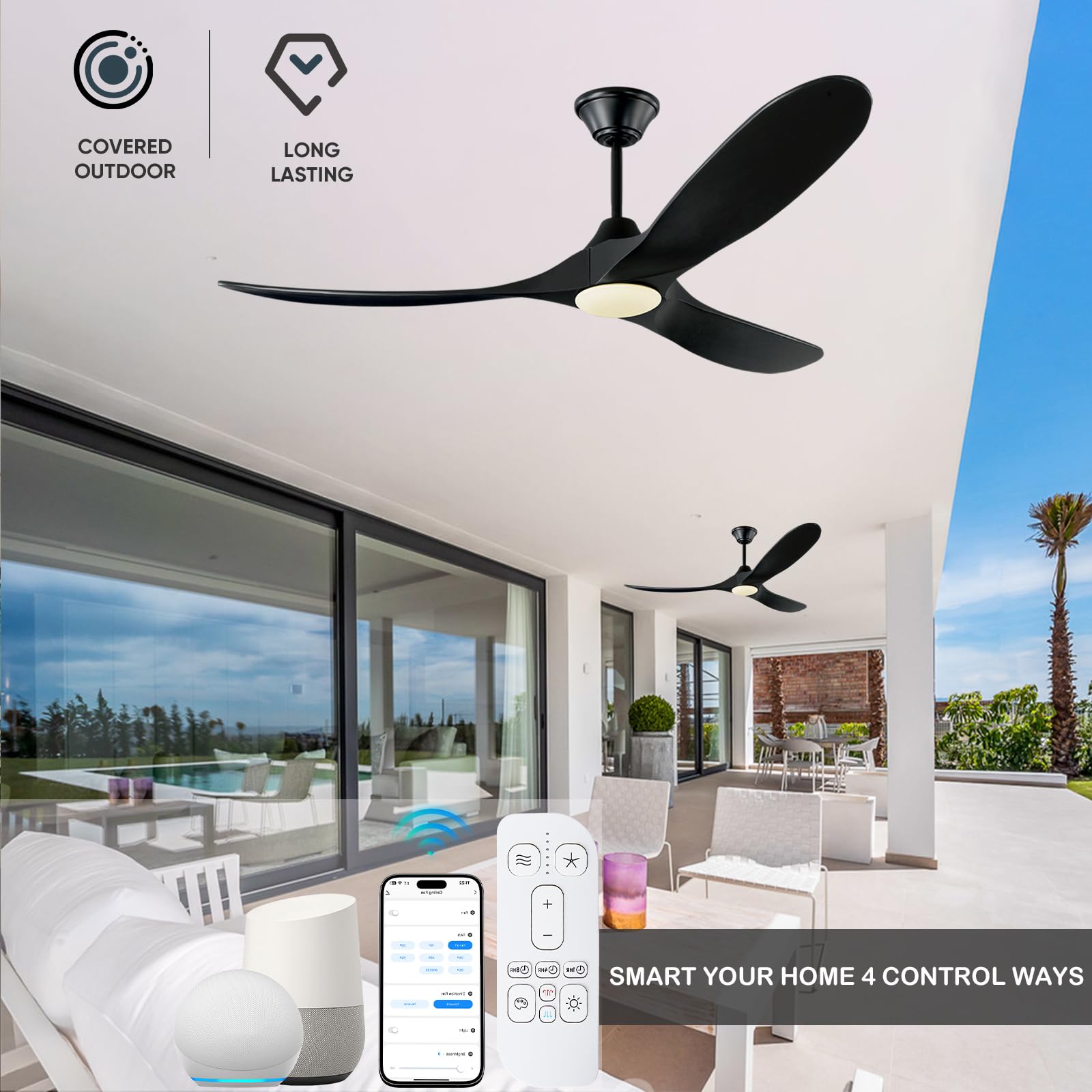 60 Inch Black Ceiling Fan with LED Lights - Damp Rated Outdoor Ceiling Fan for Patio, Porch & Commercial Spaces - High Airflow Smart Modern Wooden Blades - Perfect for Indoor & Exterior Home Cooling
