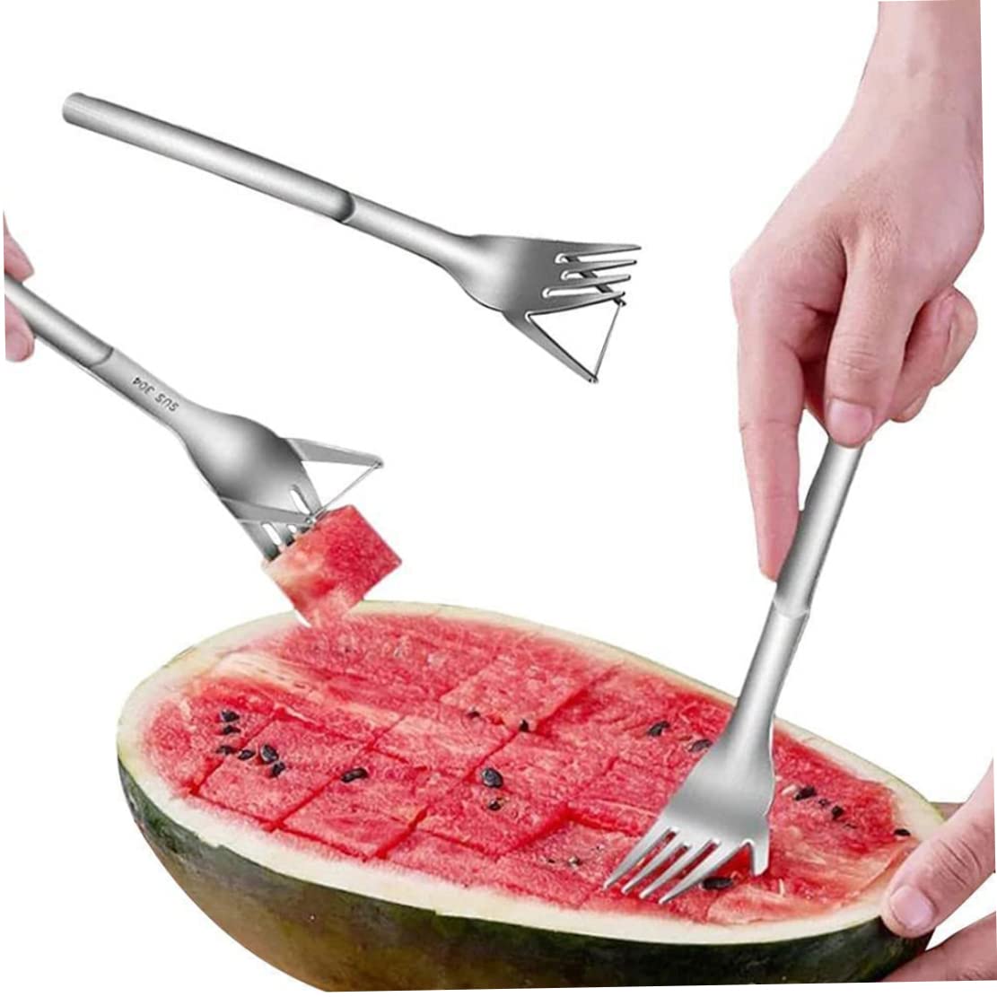 Jorzer 2 in 1 Watermelon Slicer & Cutter - Stainless Steel Fruit Cutting Fork & Melon Cube Tool - Kitchen Gadget for Easy Watermelon, Cantaloupe & Honeydew Slicing - Perfect for BBQs, Picnics & Summer Parties