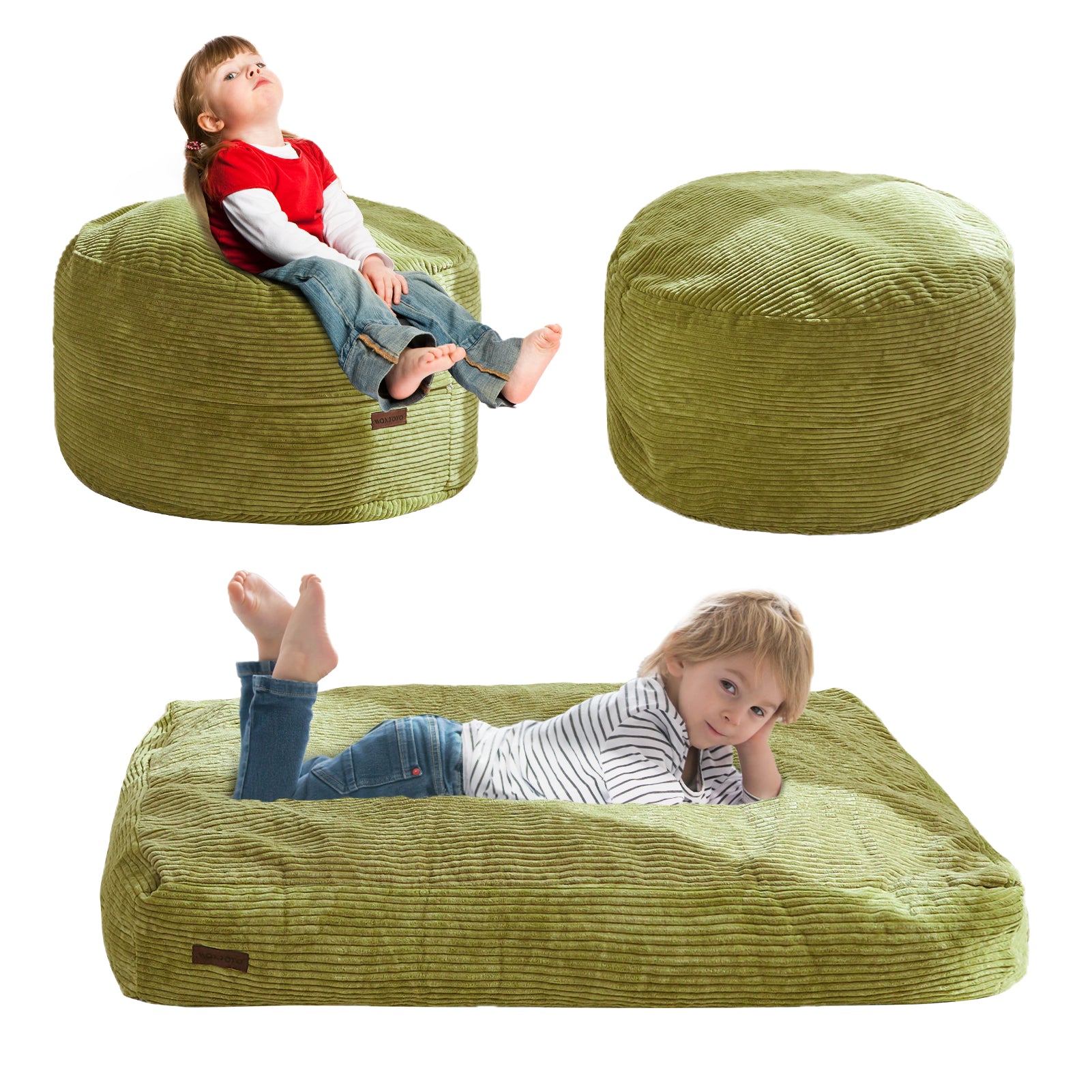 MAXYOYO Kids Corduroy Bean Bag Chair - Convertible to Floor Mattress | Green Soft Lounge Chair for Bedroom, Playroom & Dorm | Comfortable Reading Nook & Gaming Seat