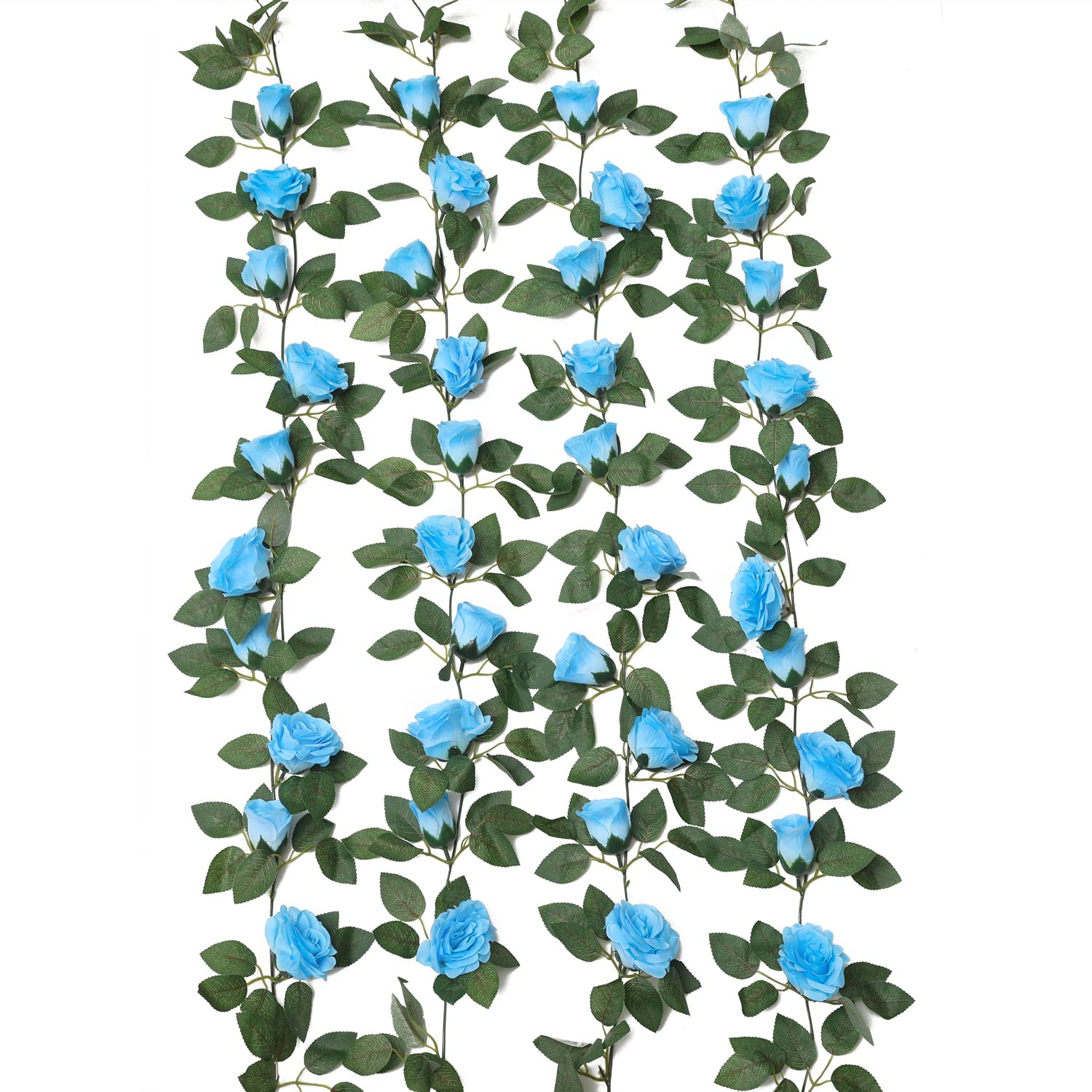 4 Pack Artificial Silk Rose Vine Garland with Leaves - Fake Hanging Flowers for Wedding, Party, Holiday & Home Decor (Blue) - Perfect for Indoor & Outdoor Decorative Use