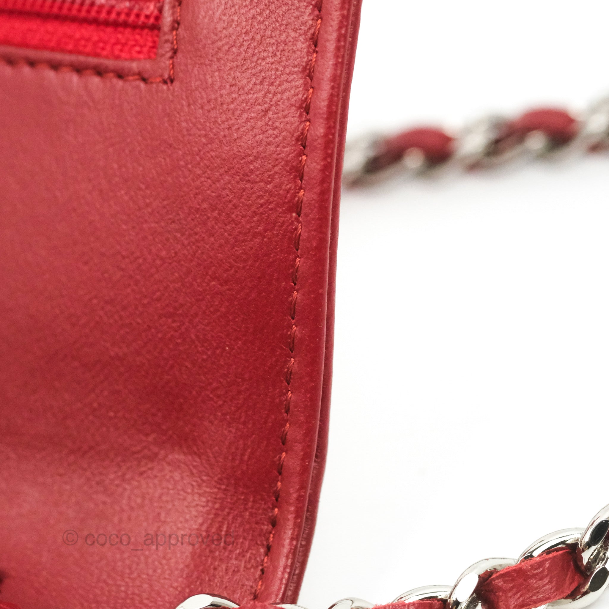Chanel Camellia Embossed Wallet on Chain WOC in Red Lambskin with Silver Hardware - Luxury Crossbody Bag for Women, Perfect for Evening Events & Date Nights