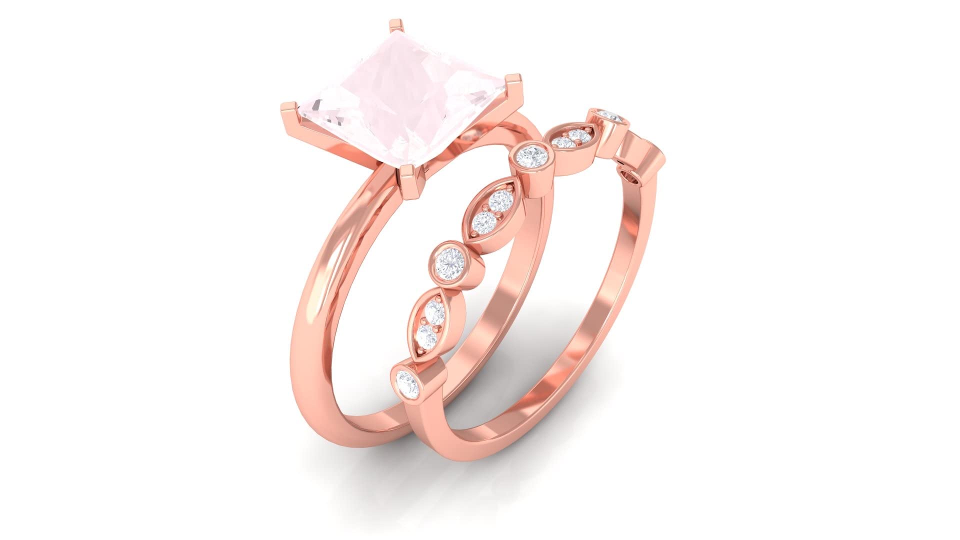 7mm Princess Cut Rose Quartz & Diamond Wedding Ring Set for Women - 14K Solid Gold Bridal Jewelry, January Birthstone Ring for Engagement, Anniversary & Special Occasions